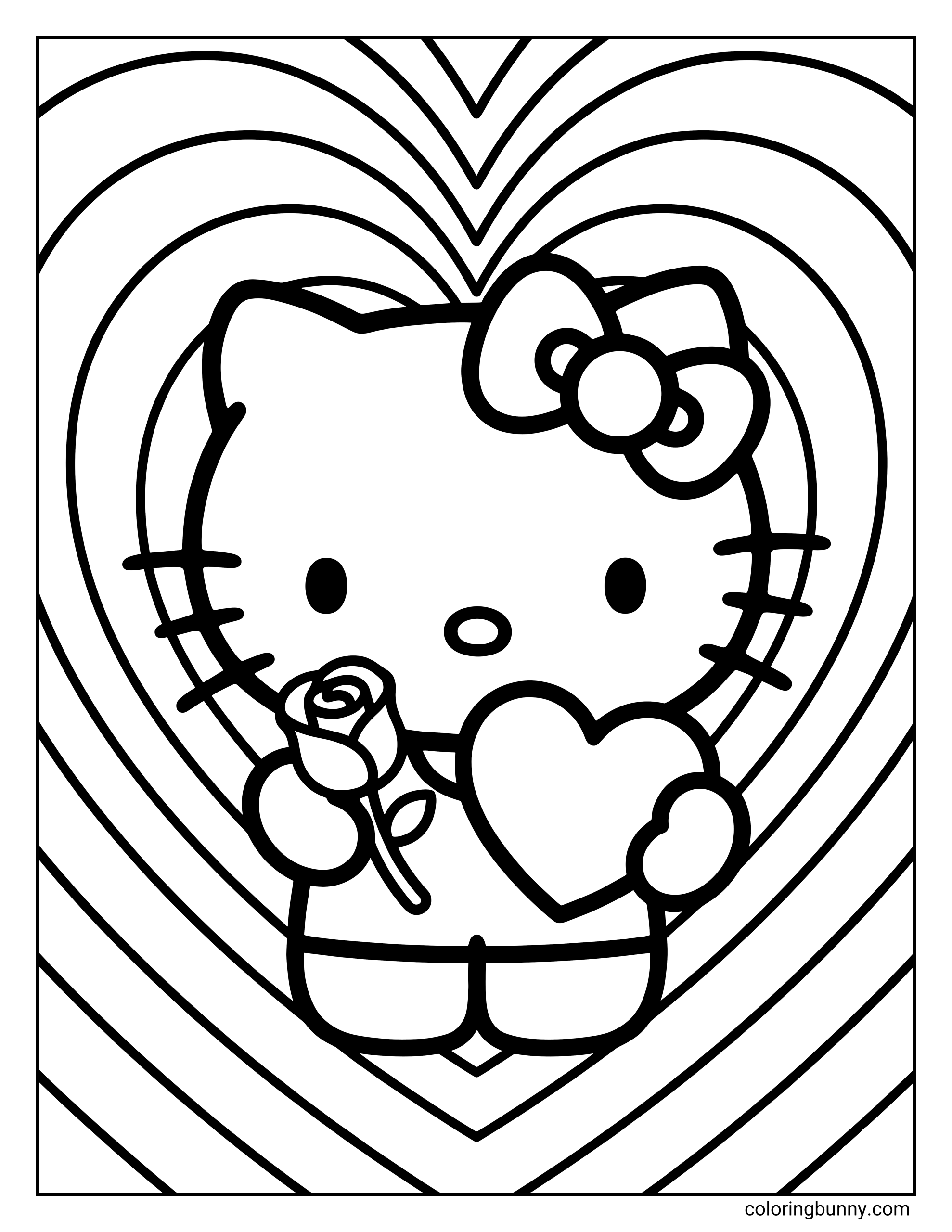 An adorable Valentine's coloring page featuring Hello Kitty holding a flower and a heart shape in front of a mesmerizing tunnel of hearts.