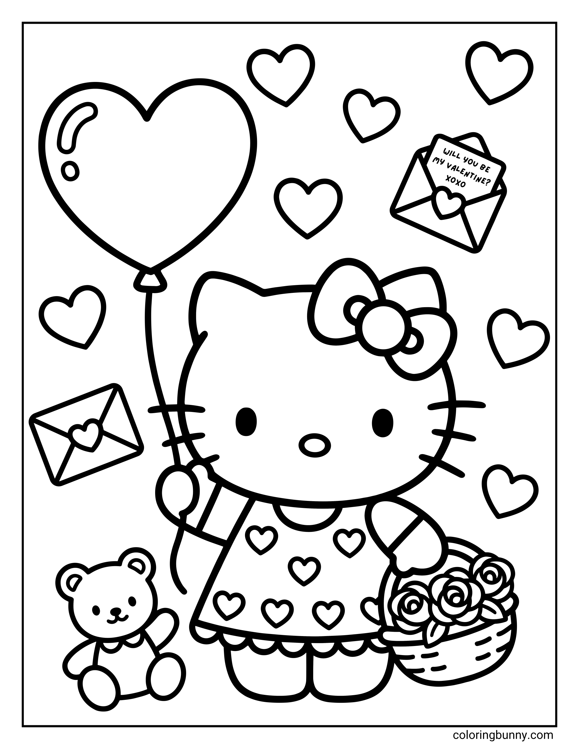 A Hello Kitty Valentine's coloring page of Hello Kitty in a heart-print dress with a balloon, roses, teddy bear, and letters.