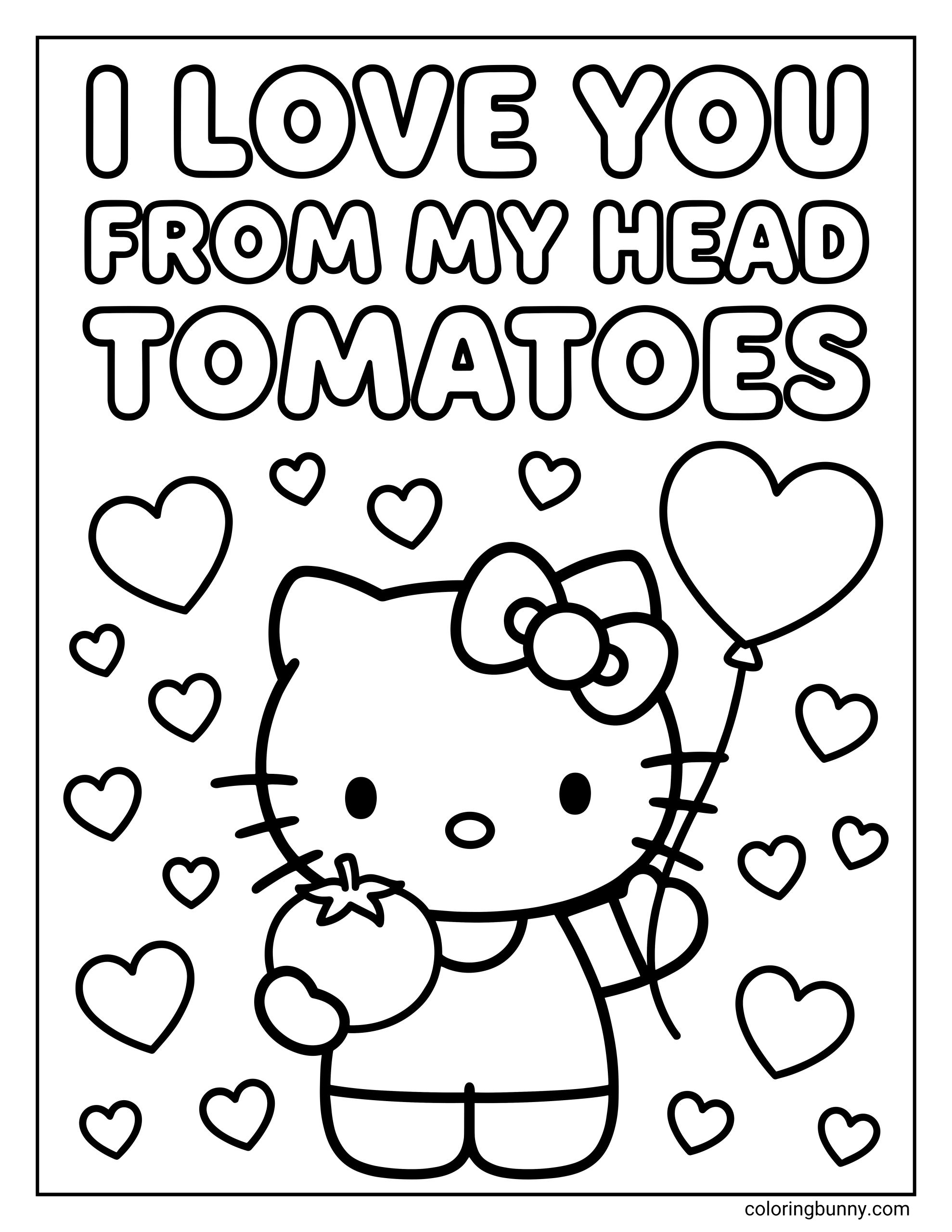 A Valentine's coloring page of Hello Kitty holding a tomato and a heart balloon with the punny message 'I LOVE YOU FROM MY HEAD TOMATOES'.