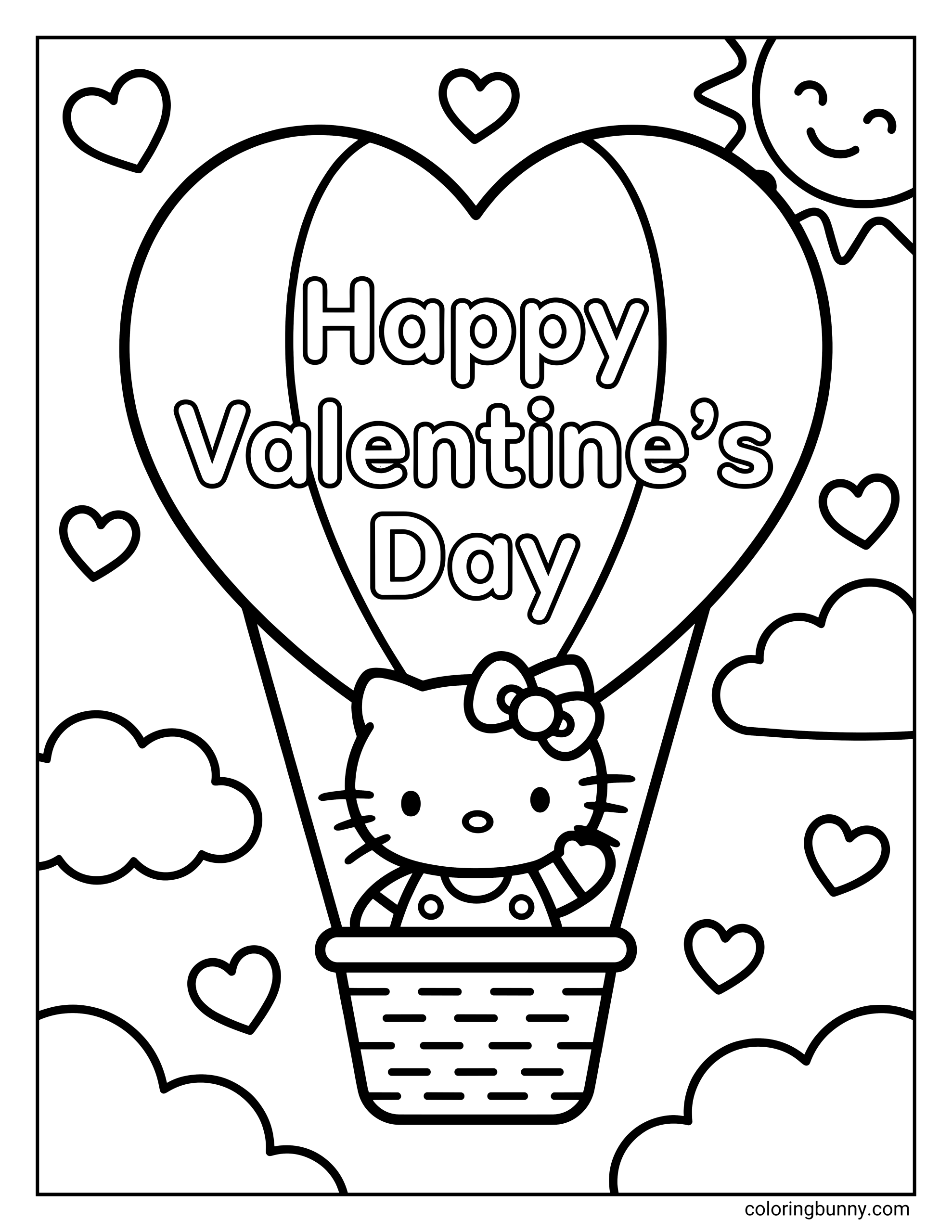 A coloring page of Hello Kitty waving from a heart-shaped hot air balloon that says 'Happy Valentine's Day' among clouds and hearts.