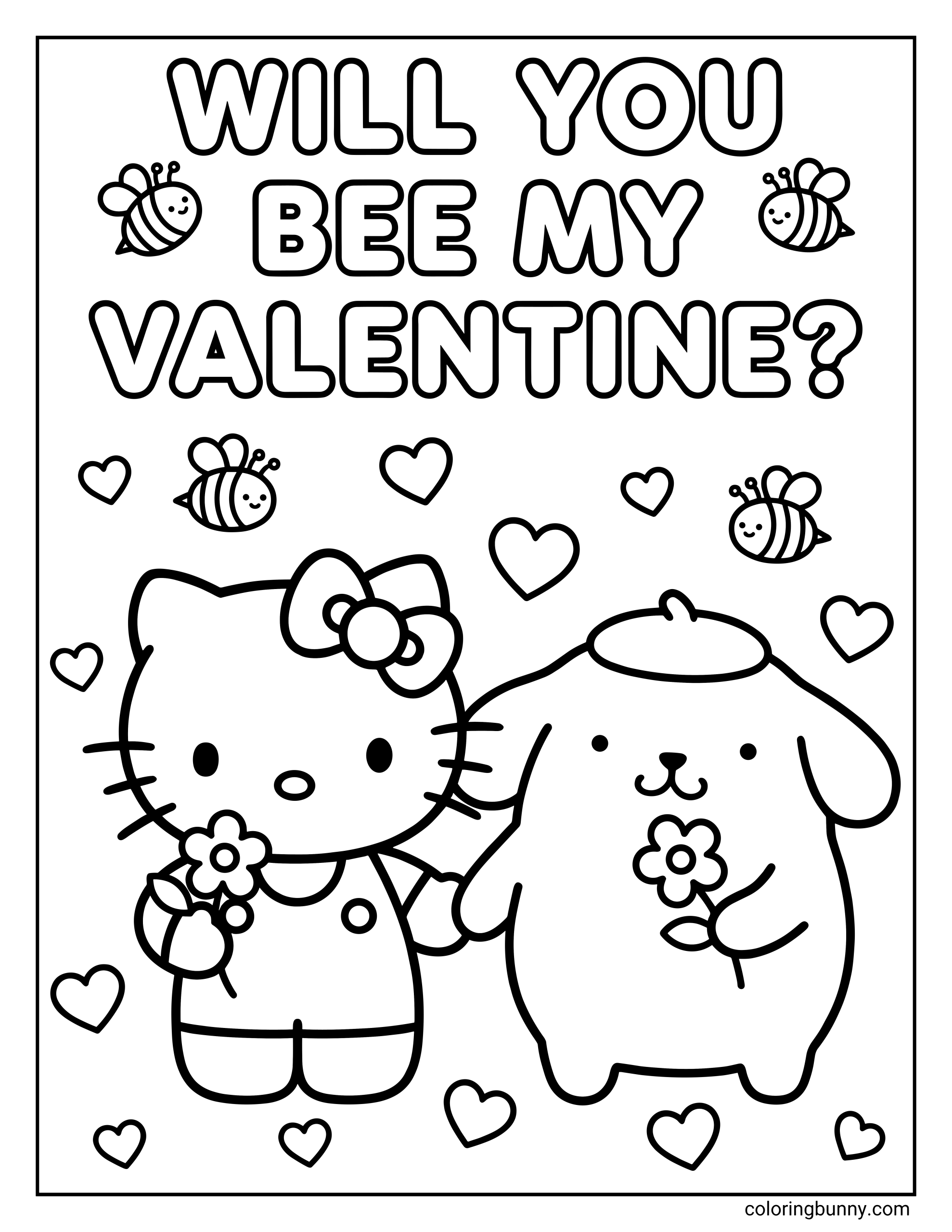 A coloring page showing Hello Kitty and Pompompurin holding hands and flowers, with smiling bumblebees and hearts under the punny title 'WILL YOU BEE MY VALENTINE?'