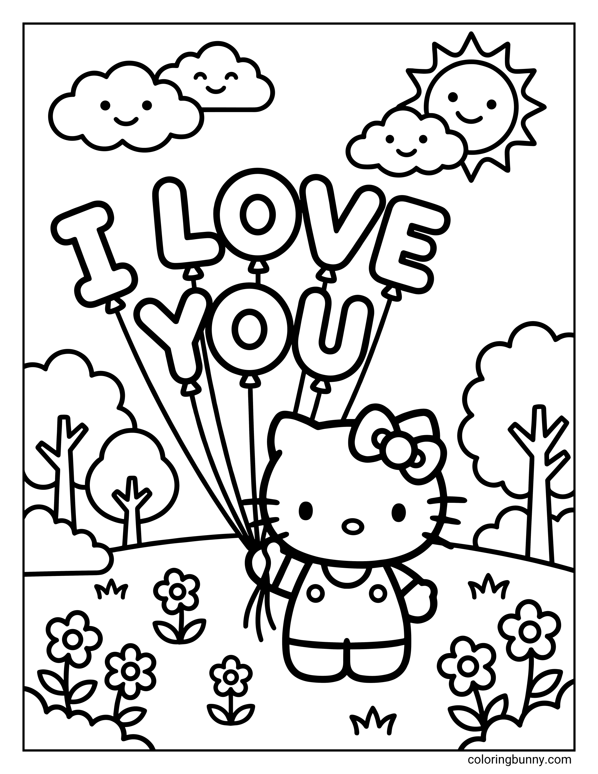A coloring page of Hello Kitty holding balloons that spell out 'I LOVE YOU' in a field with a smiling sun and happy clouds.