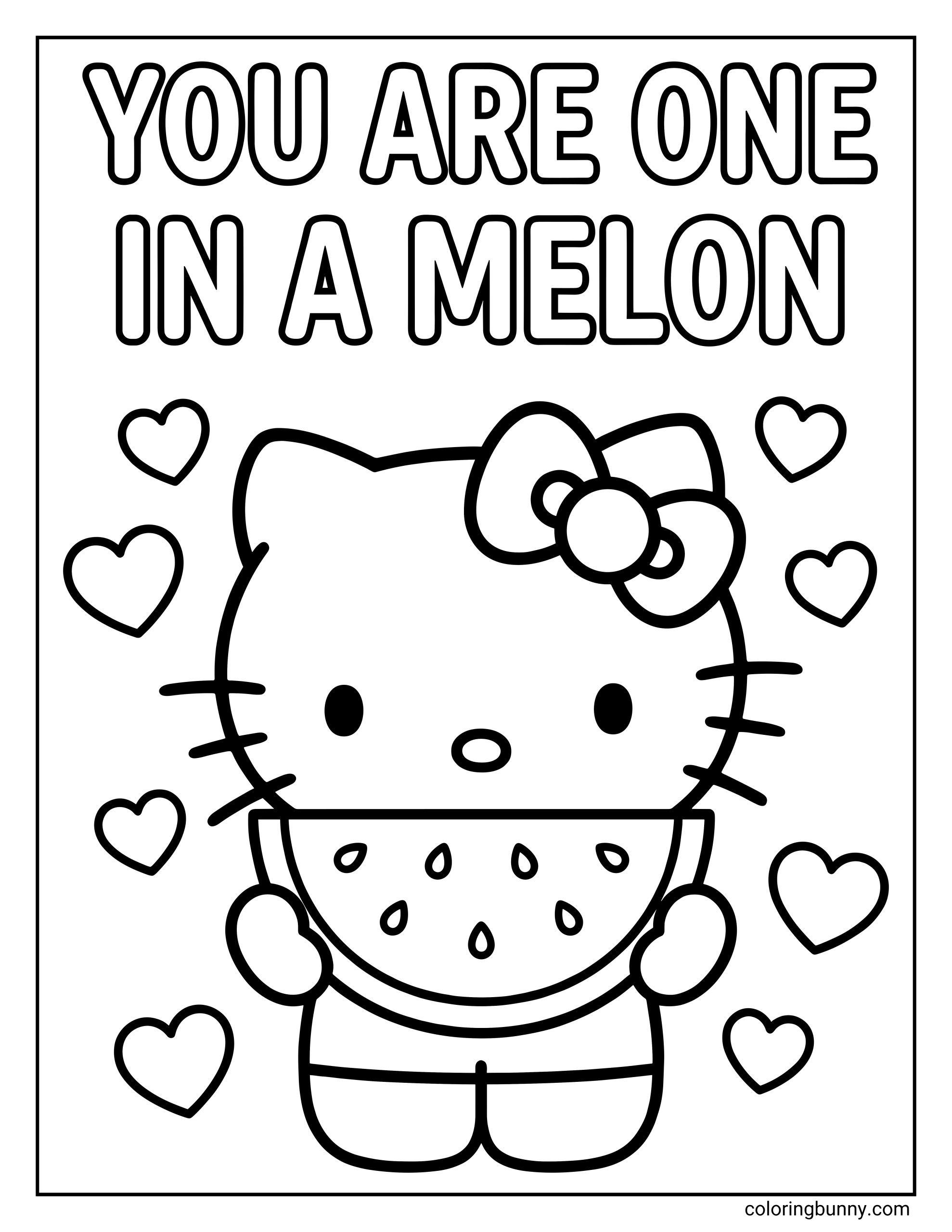 A Hello Kitty valentine's day coloring page of Hello Kitty holding a large watermelon slice under the words 'YOU ARE ONE IN A MELON' with floating hearts in the background.