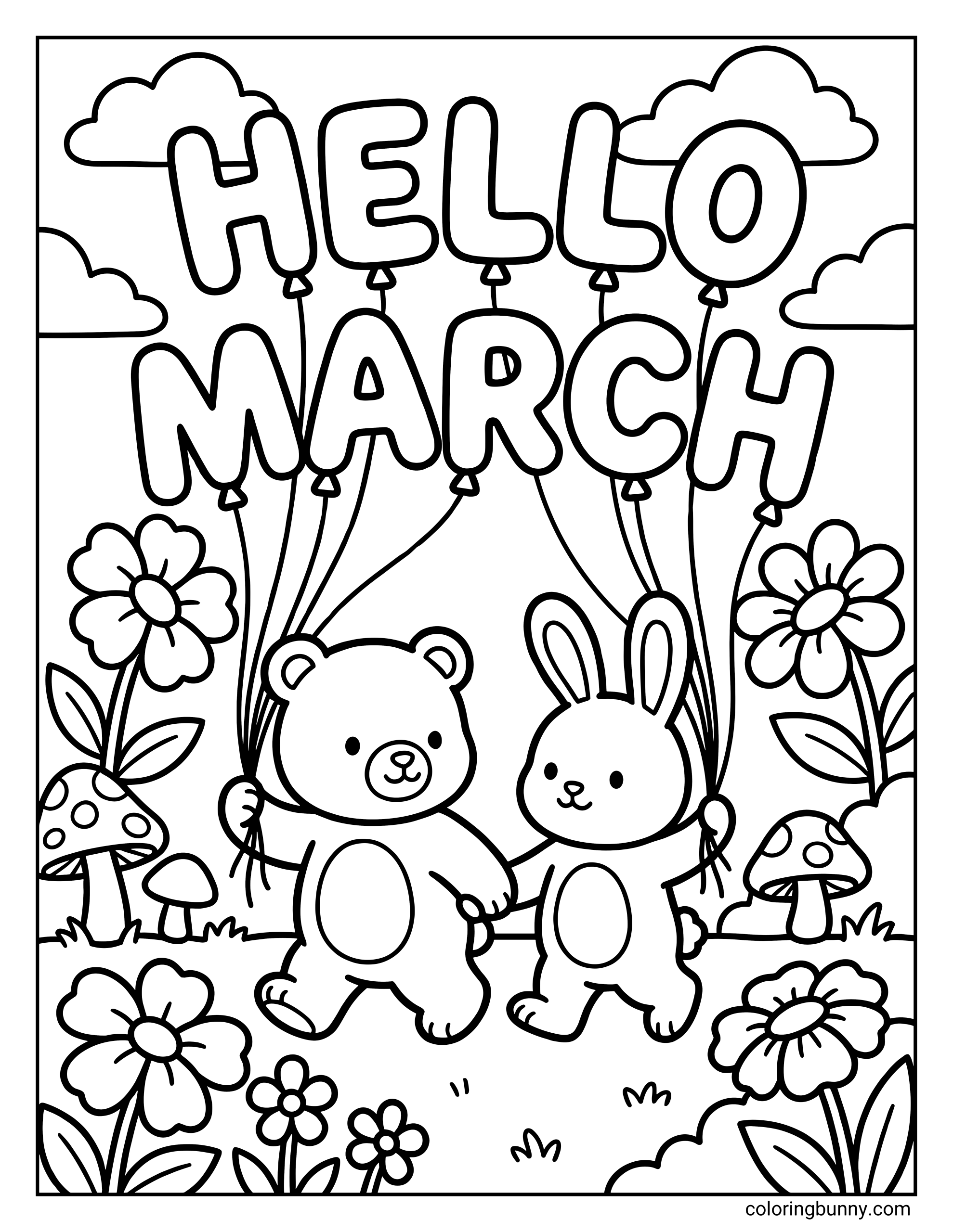 A March coloring page of a cute bear and rabbit walking in a field with flowers and mushrooms, holding balloons that spell "HELLO MARCH".