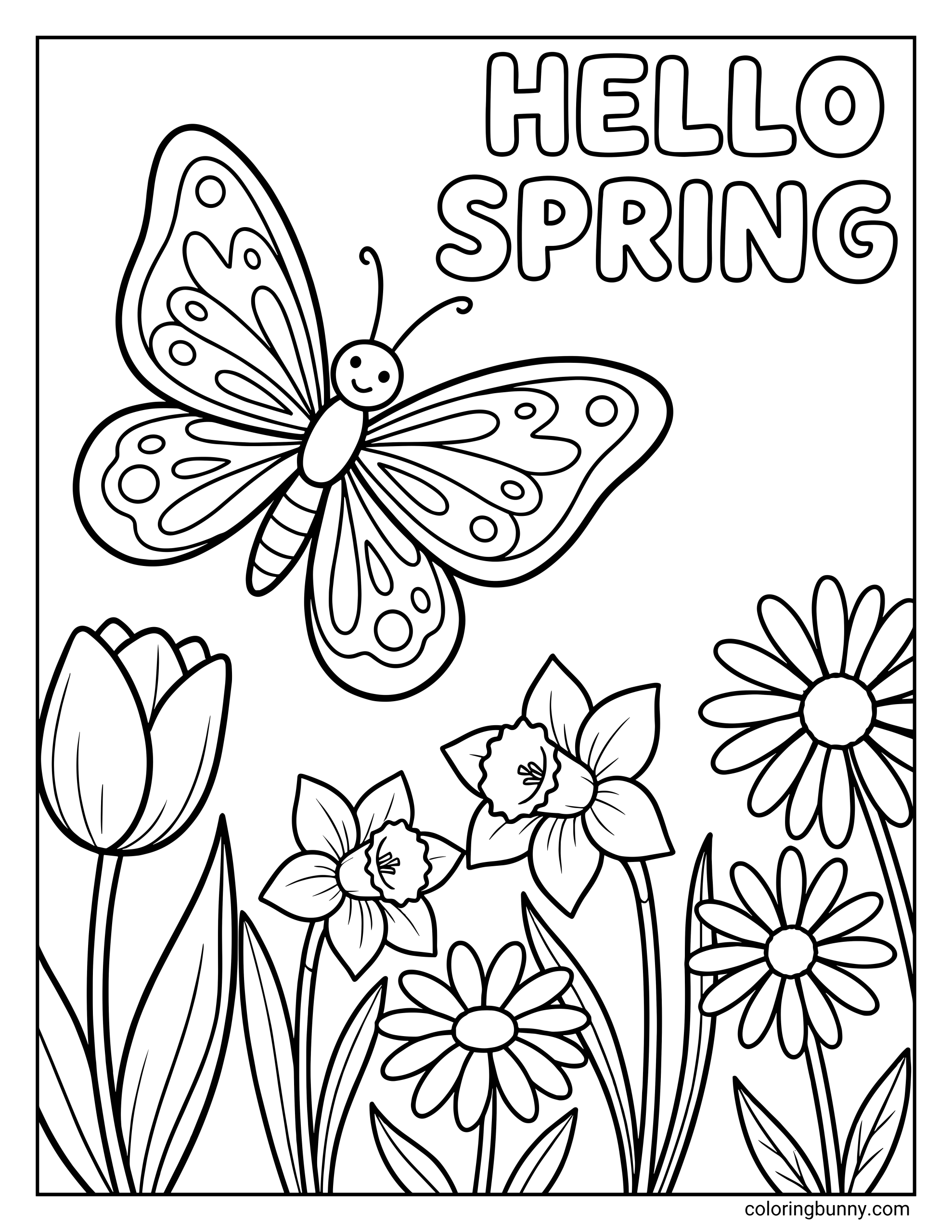 A cheerful spring coloring page featuring a smiling butterfly flying above a garden of blooming flowers, including a tulip, daffodils, and daisies. The words “HELLO SPRING” appear at the top of the page in bubble letters.