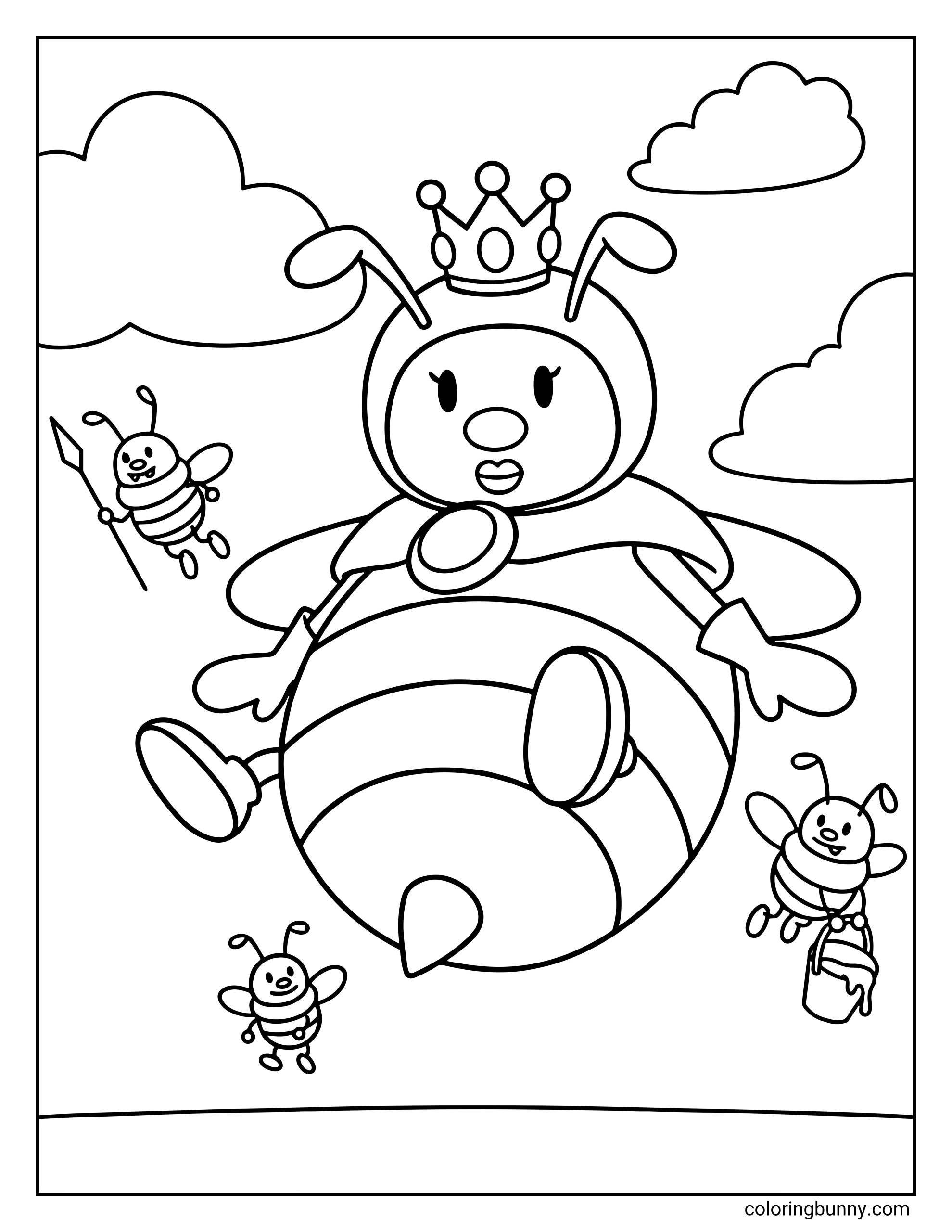A coloring page featuring the giant Honey Queen bee from the Mario series floating in the sky. She wears her royal crown and a cape, surrounded by three smaller worker bees. Fluffy clouds drift in the background.