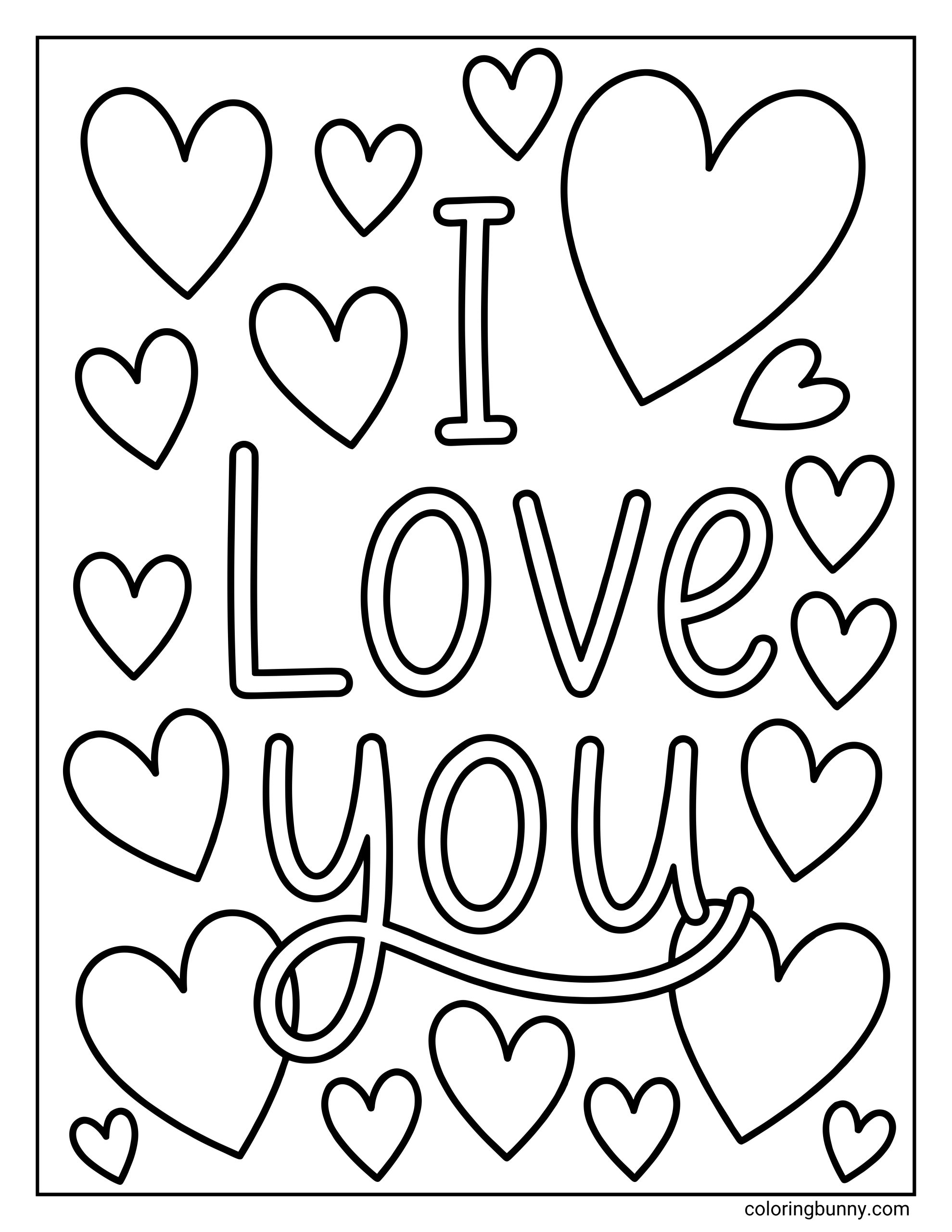 A fun hearts coloring sheet of the words "I Love You" written in a bubbly style and surrounded by a festive cloud of hearts.