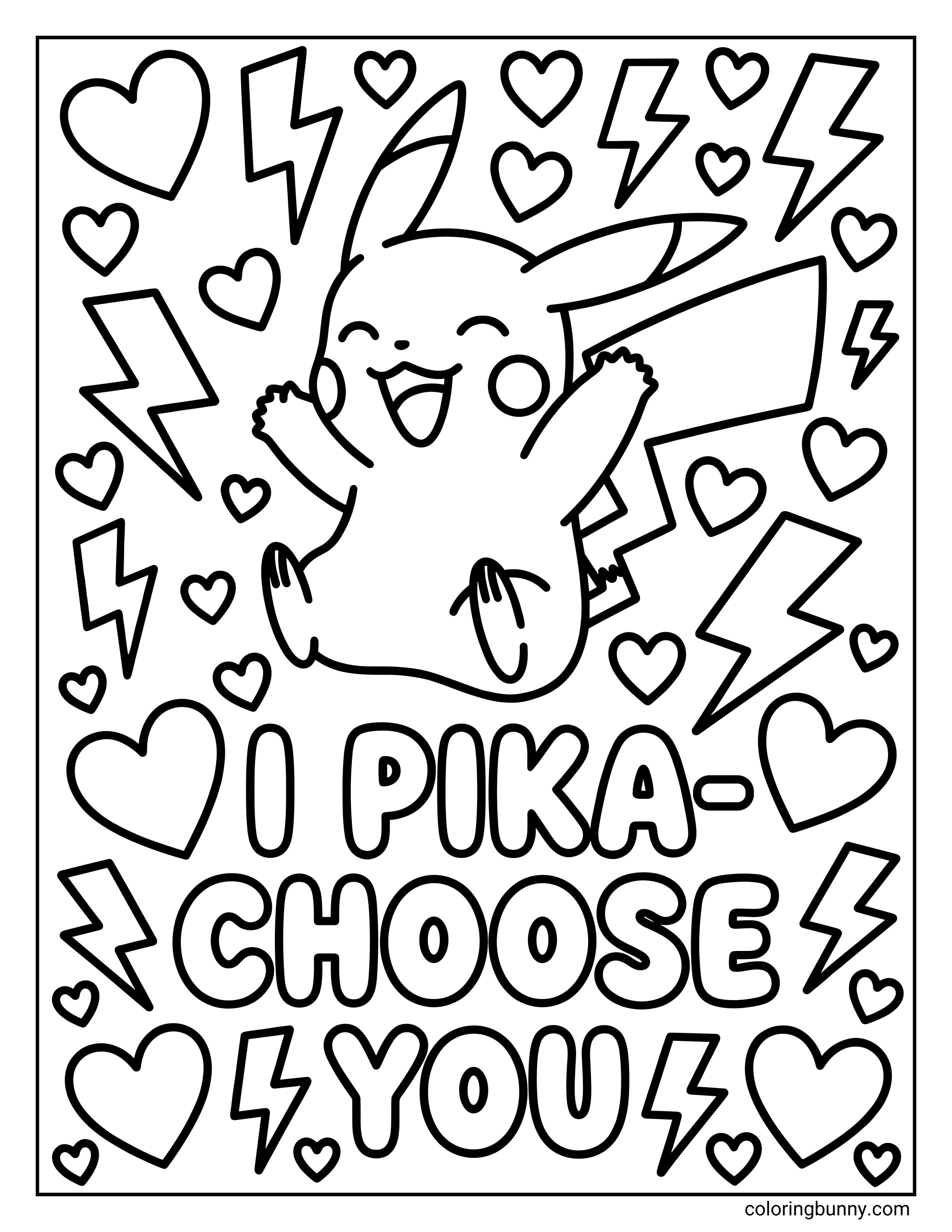 A Pokemon valentines coloring page of a happy, jumping Pikachu surrounded by lightning bolts and hearts with the pun text 'I PIKA-CHOOSE YOU' at the bottom.