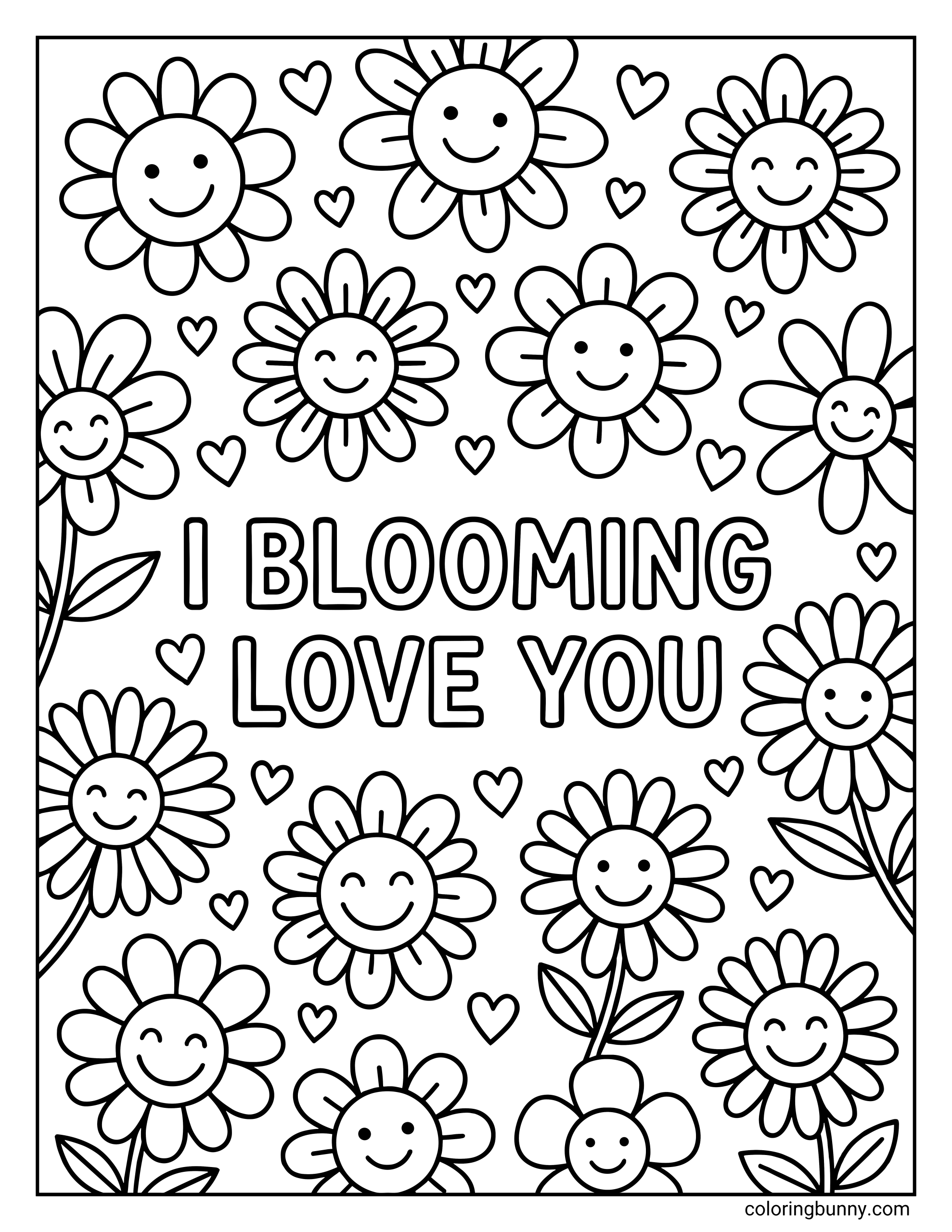 Valentine's Day coloring page featuring many smiling cartoon daisies and small hearts surrounding the pun text 'I BLOOMING LOVE YOU'.