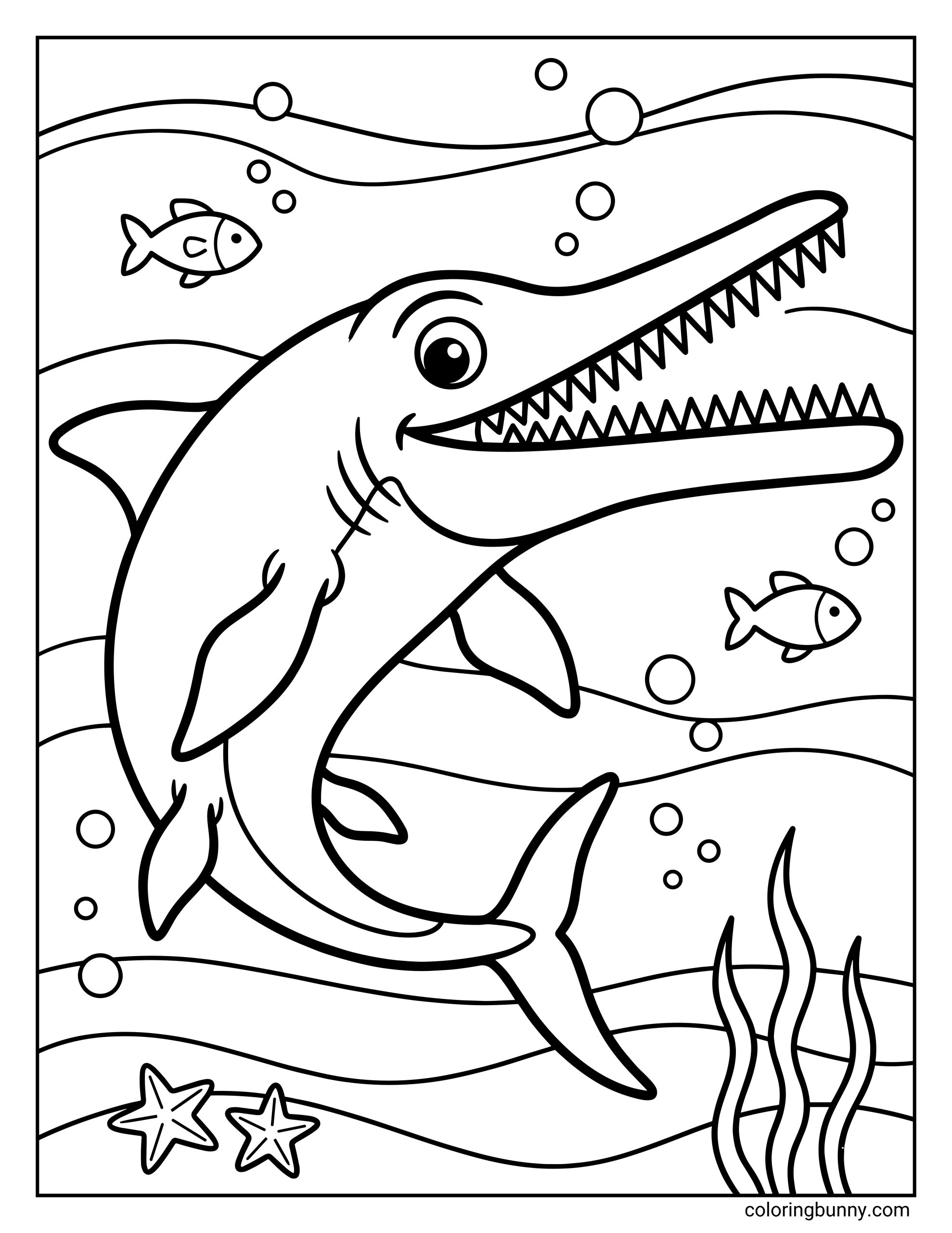 An Ichthyosaurus coloring page showing a smiling marine dinosaur swimming underwater with fish, bubbles, sea plants, and flowing ocean waves in bold outlines.