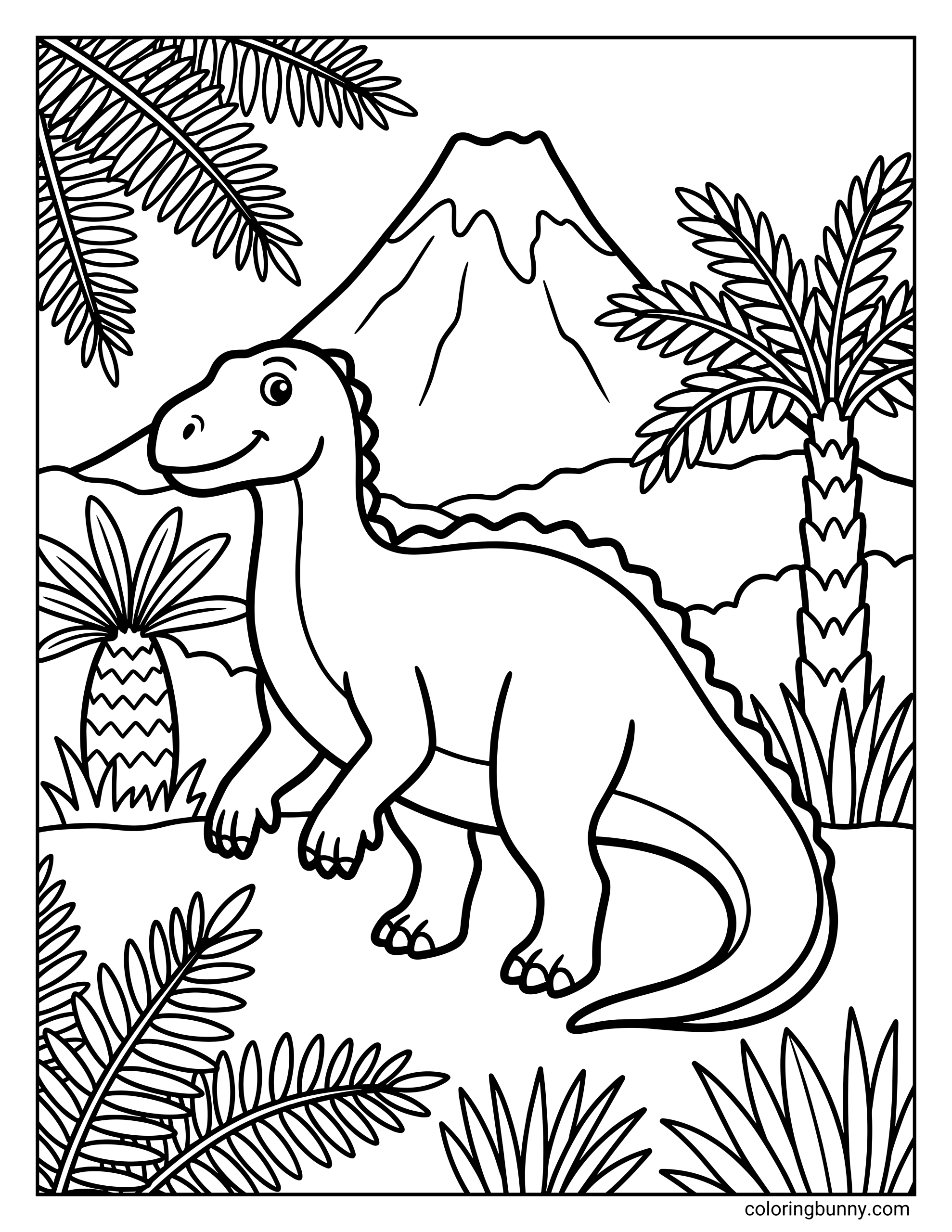 A friendly Iguanodon dinosaur coloring page set in a Jurassic landscape with palm trees, mountains, and a volcano in the background.