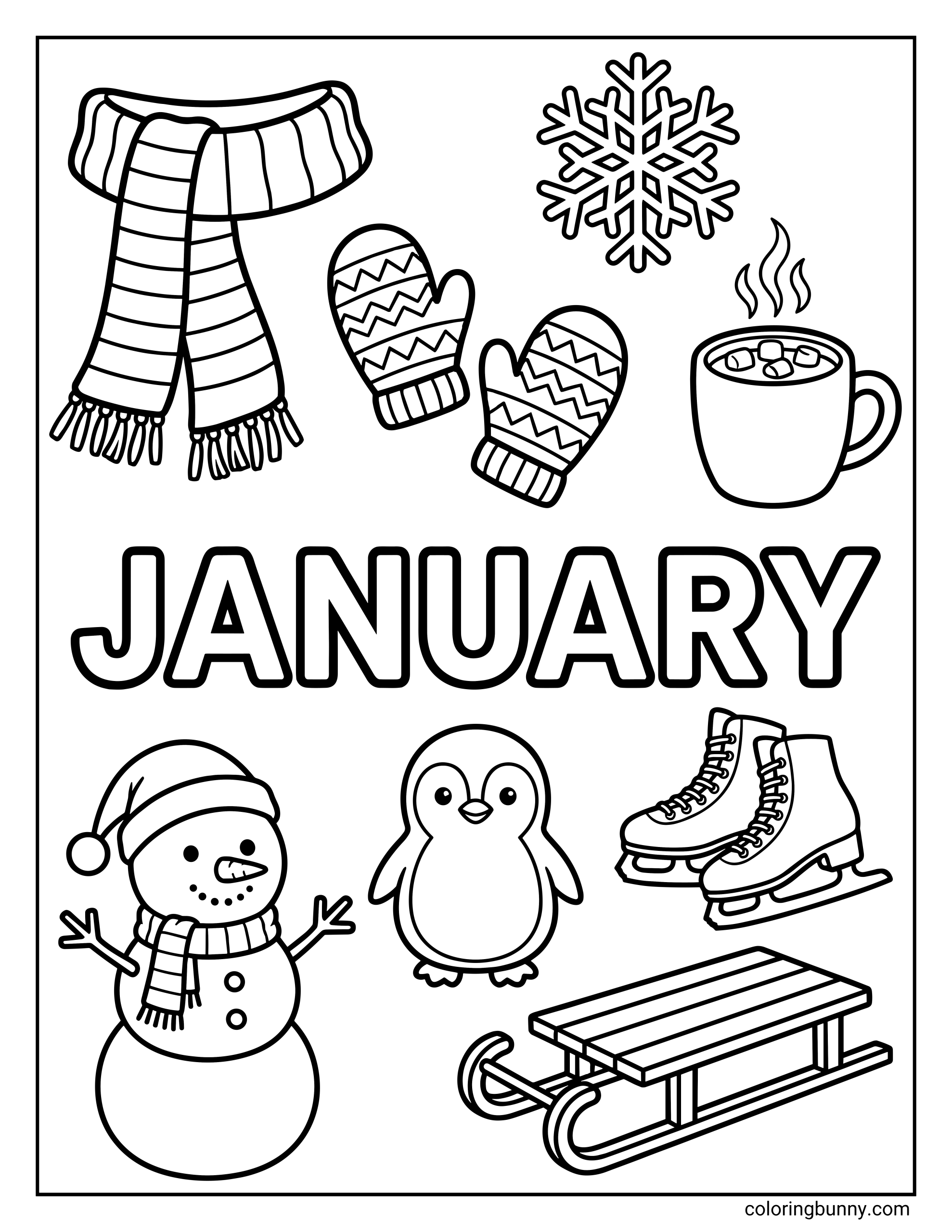 A coloring page featuring the word "JANUARY" surrounded by winter items like a scarf, mittens, hot cocoa, a snowman, a penguin, ice skates, and a sled.