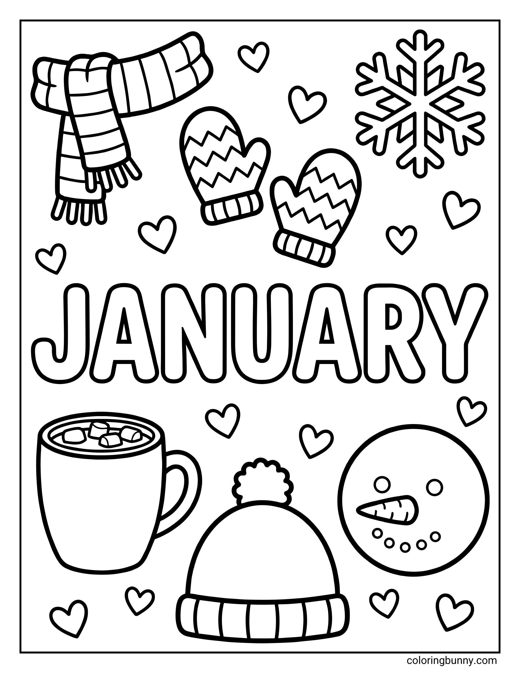 A coloring page of the word JANUARY surrounded by winter items like a scarf, mittens, hot cocoa, a hat, a snowman face, and hearts.