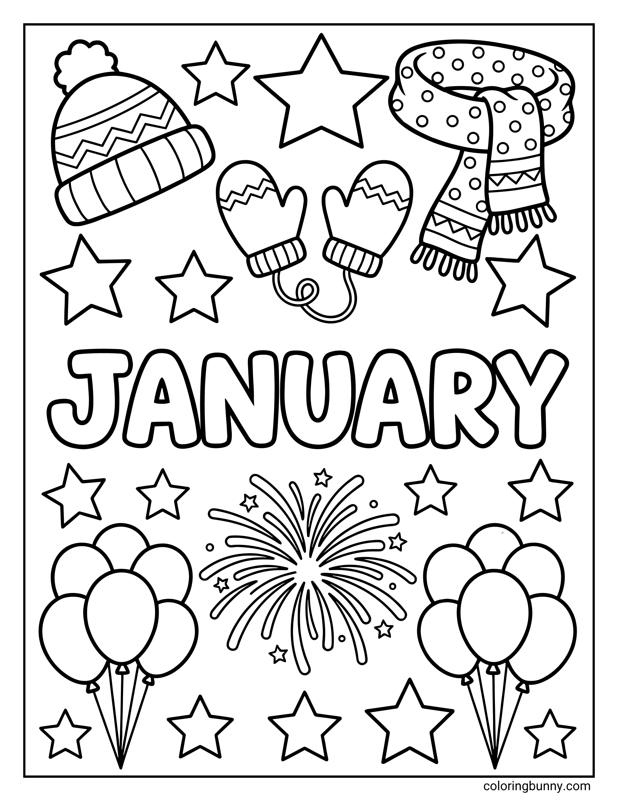 A coloring page featuring the word "JANUARY" surrounded by winter accessories like a hat and scarf, plus fireworks, balloons, and stars.