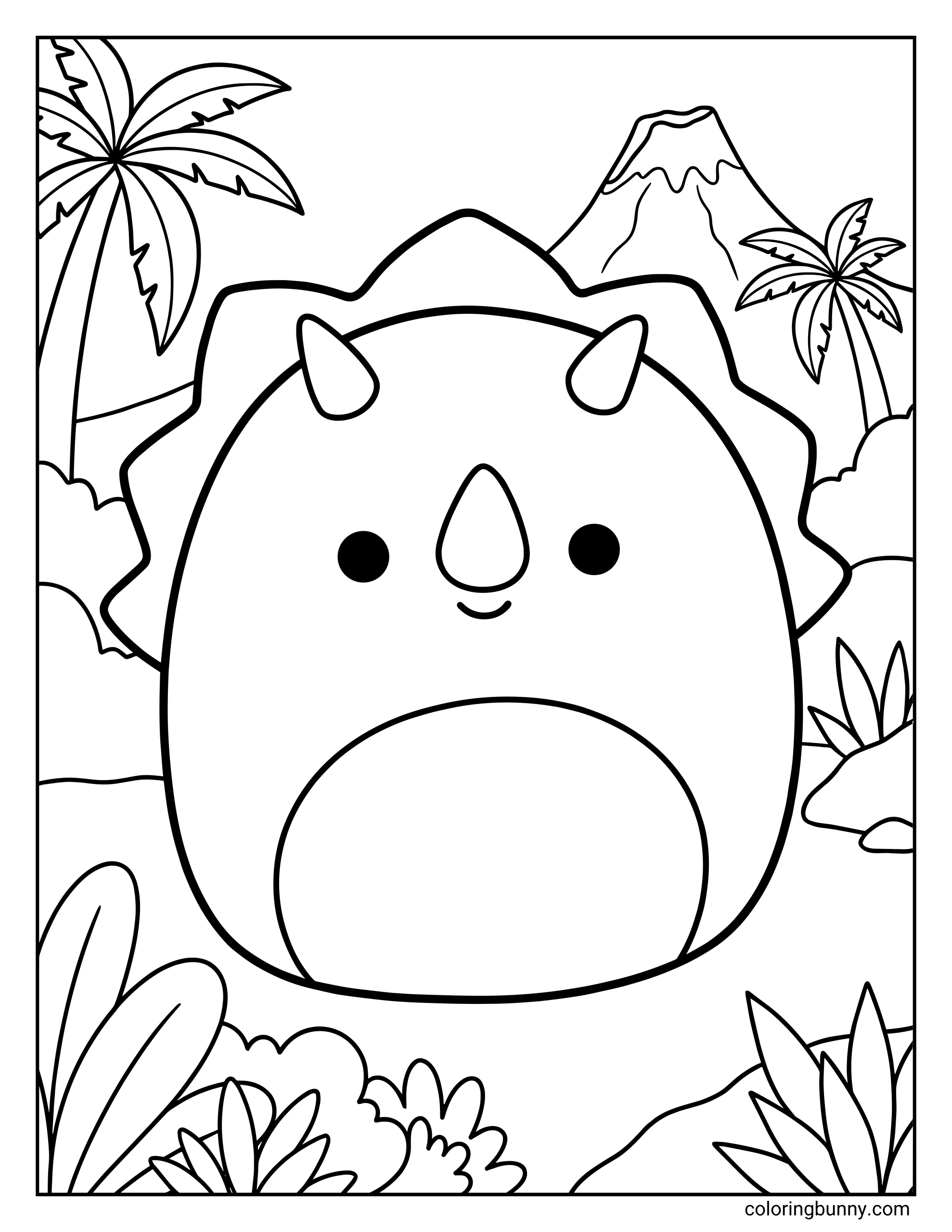 A cute Squishmallow Jerome the Triceratops coloring page featuring a round, plush-style dinosaur with tiny horns, a frill around its head, a sweet smiling face, and a simple jungle background with palm trees, plants, and a volcano.