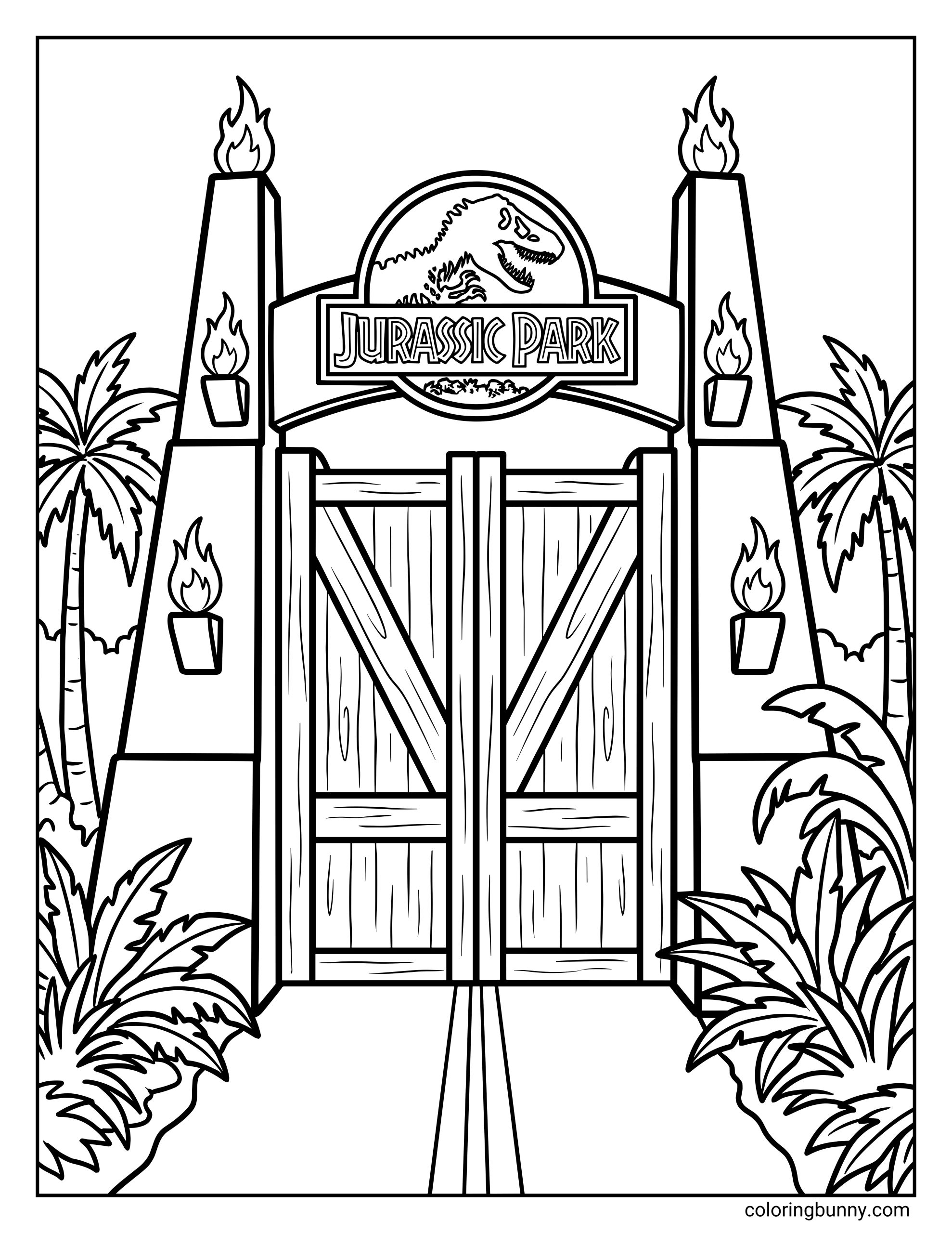 A Jurassic Park coloring page featuring the Jurassic Park entrance gates with torches, the roaring T-Rex silhouette sign, surrounded by palm trees, and jungle plants, in a bold outline.