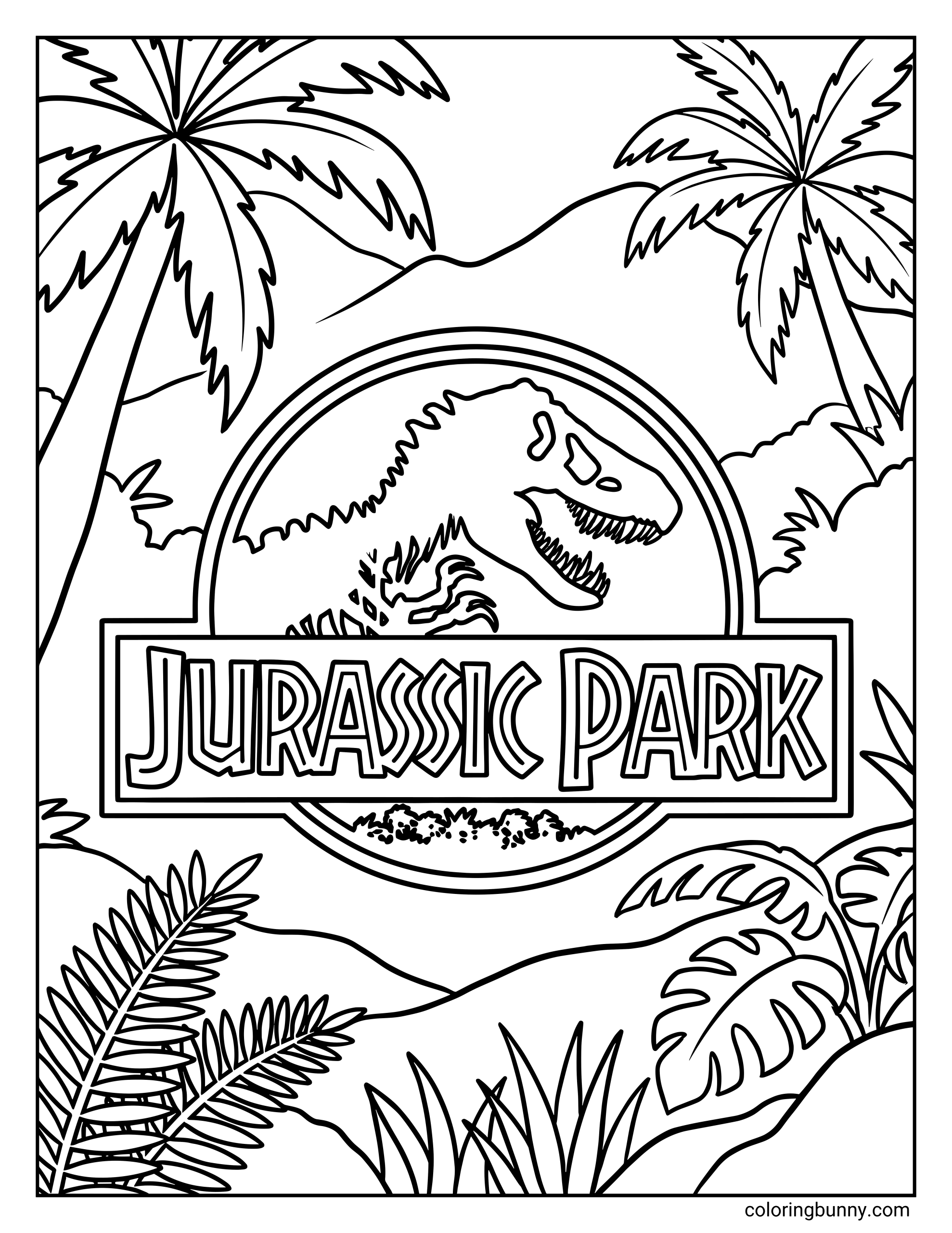 A Jurassic Park coloring page featuring the iconic Jurassic Park entrance sign with a roaring T-Rex silhouette, framed by palm trees, jungle plants, and distant mountains in bold, clean outlines.