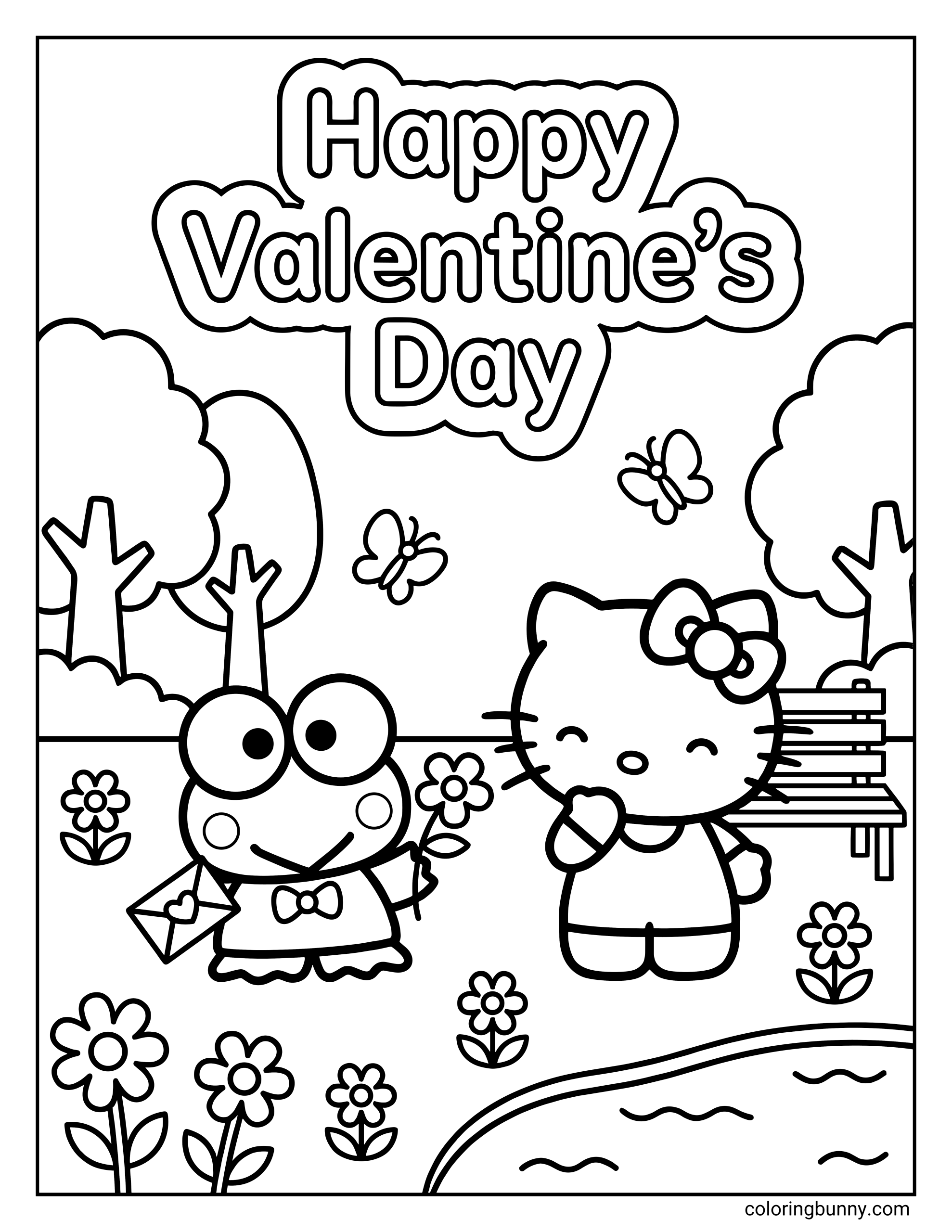 A black and white coloring page of Keroppi giving Hello Kitty a flower and letter in a park with butterflies and a pond under the heading 'Happy Valentine's Day'.