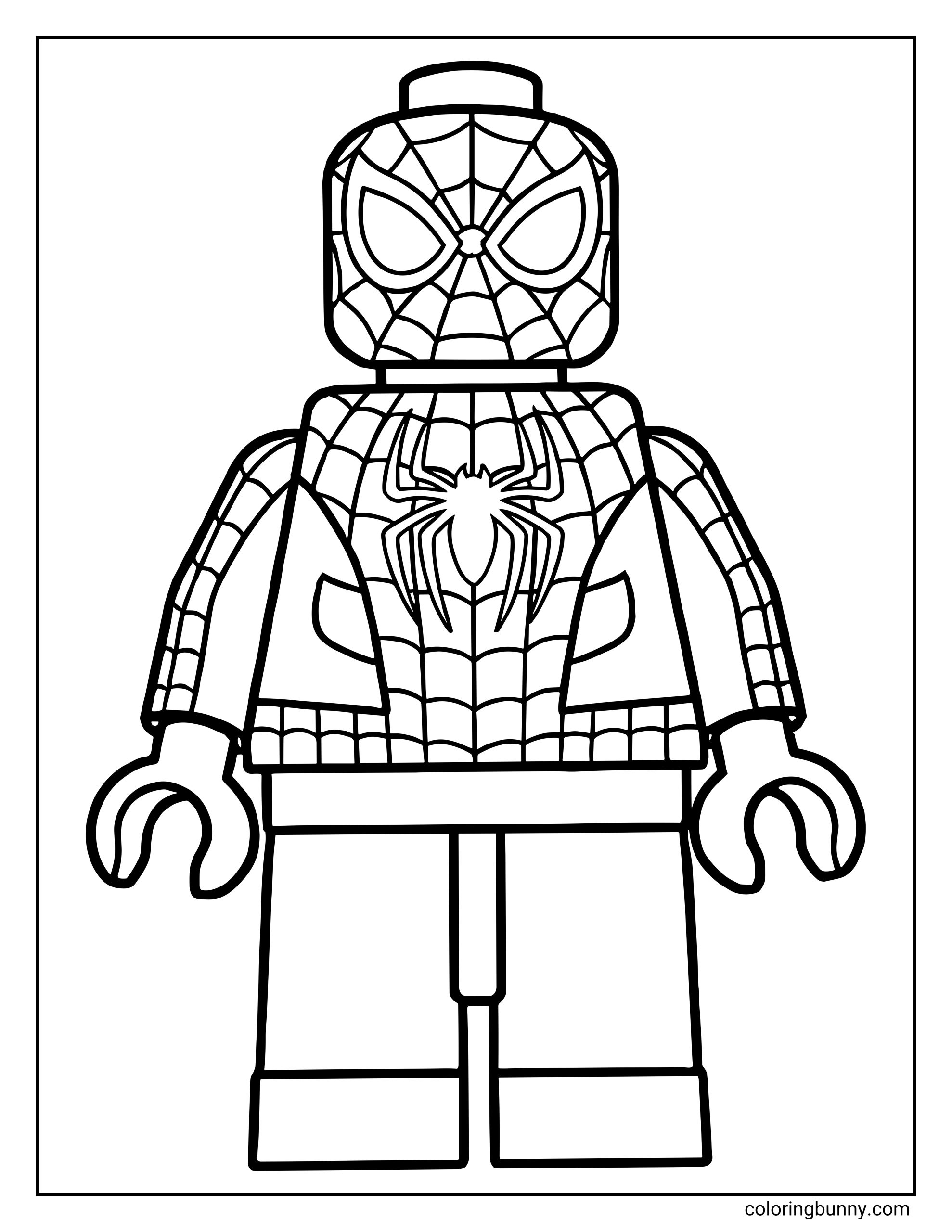 A coloring page of a LEGO Spider-Man minifigure, showing his webbed mask, torso spider logo, and iconic LEGO-style hands and feet.