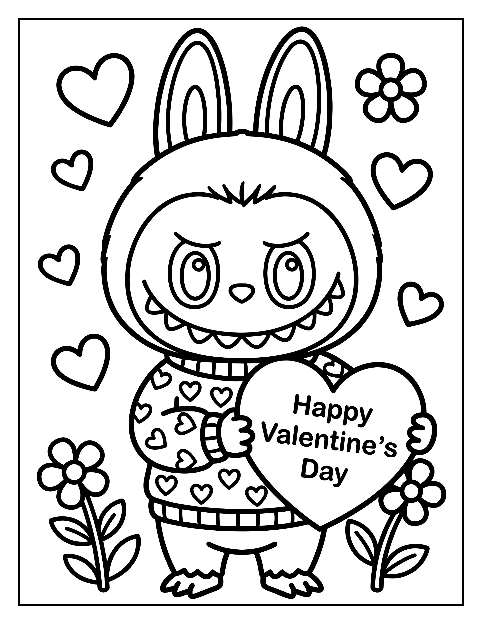 A Valentine’s Day coloring page featuring Labubu in a heart-patterned sweater, holding a heart with the text “Happy Valentine’s Day,” surrounded by flowers and scattered heart shapes on a white background.