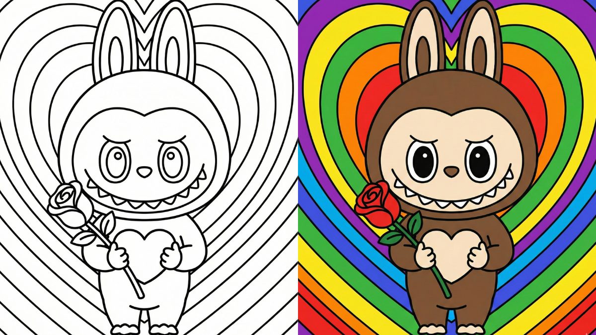 Labubu Valentine's Day Coloring Pages with Labubu Holding a Rose and Radiating Heart Background