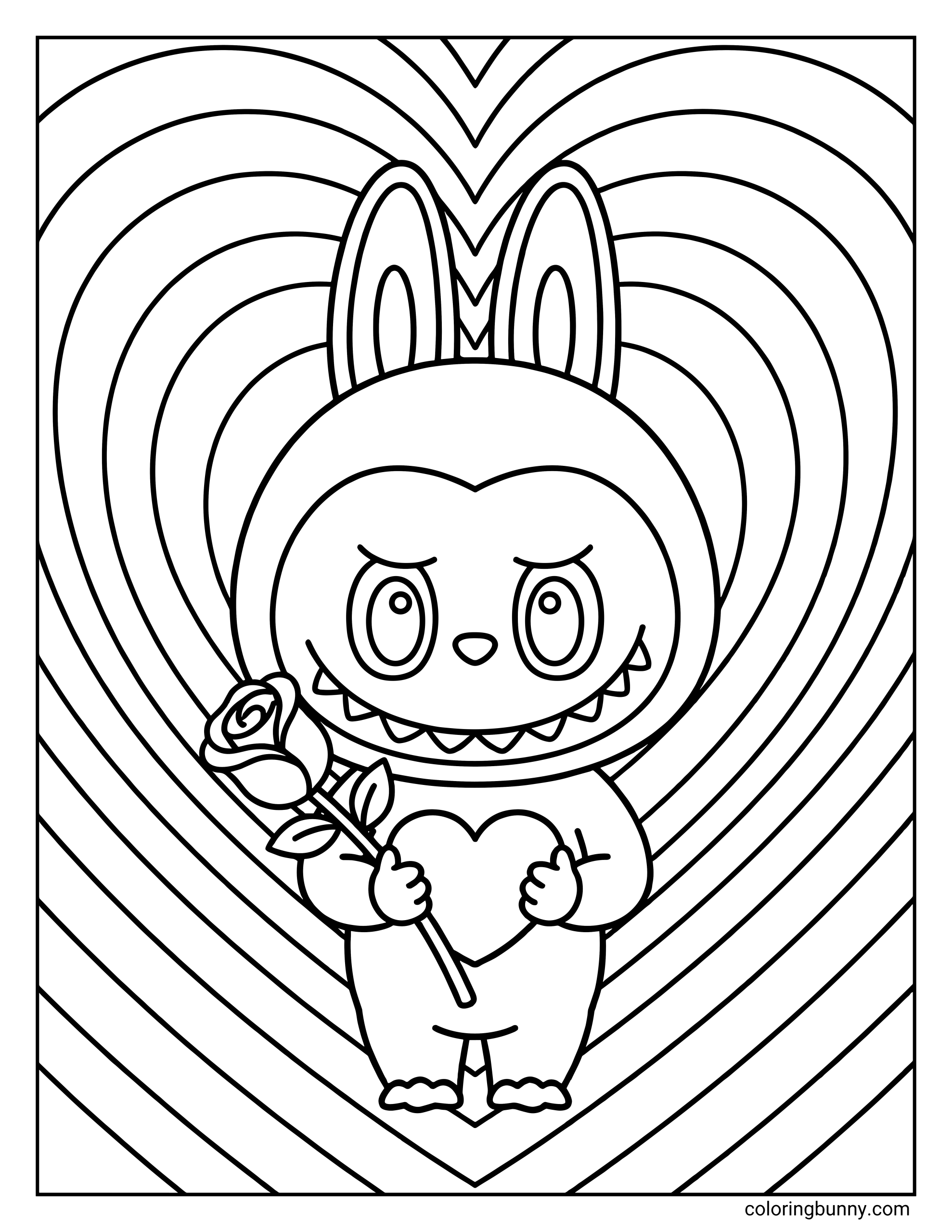 A simple coloring page of a Labubu-style doll holding a heart and rose, surrounded by radiating heart patterns for a Valentine’s Day coloring activity.