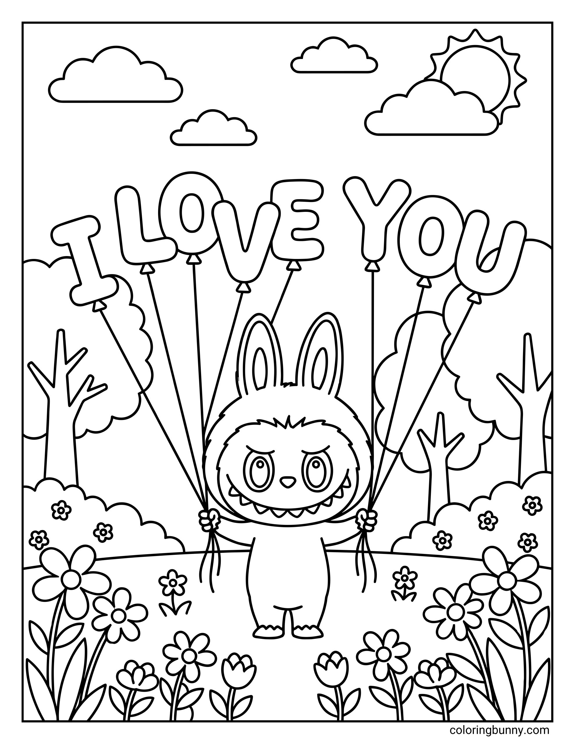 A simple Valentine’s Day coloring page of a cute character holding I love you balloons, surrounded by flowers, trees, and clouds.