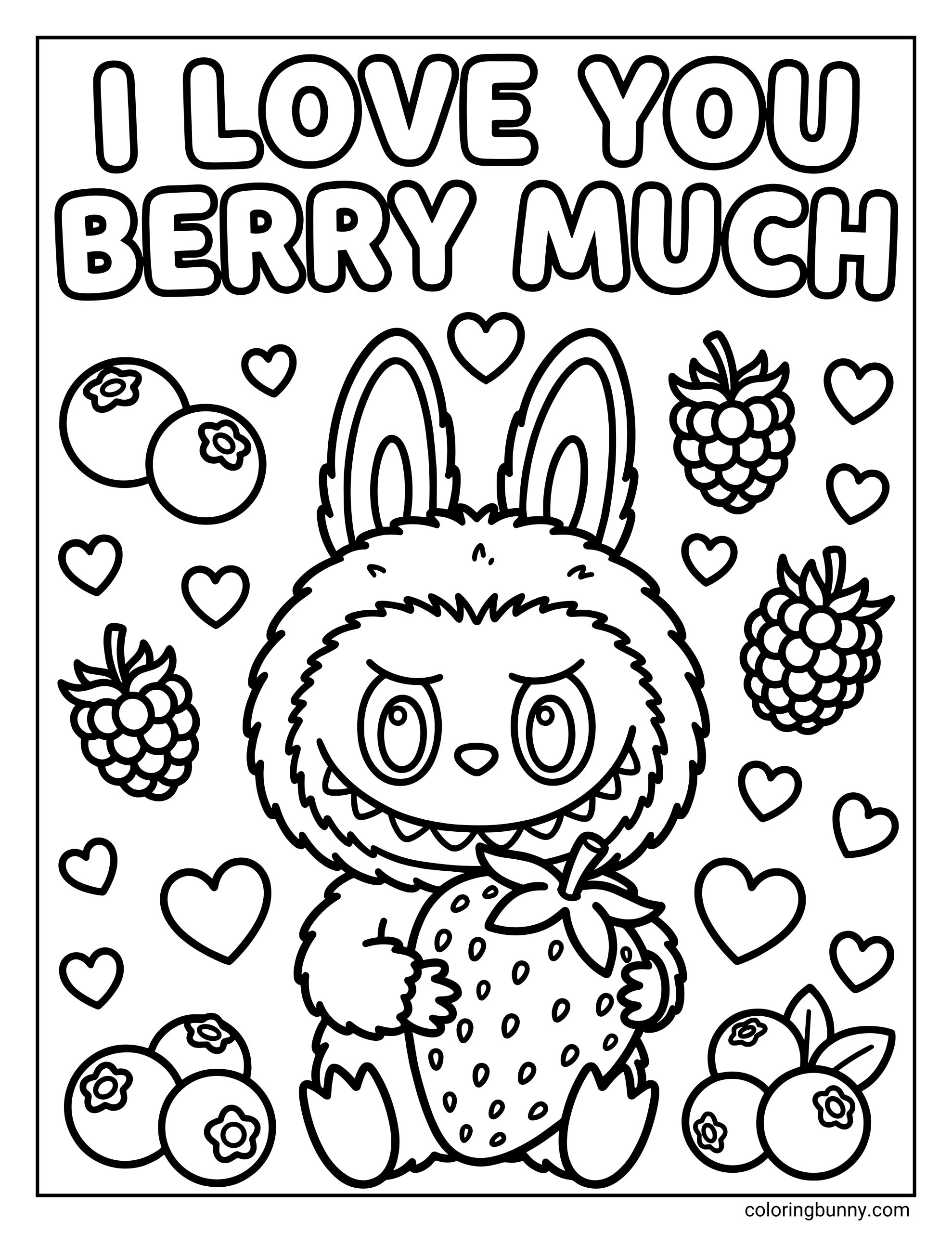 A Labubu Valentine’s Day coloring page showing Labubu holding a large strawberry, surrounded by hearts and berry illustrations, with the text “I love you berry much” at the top.