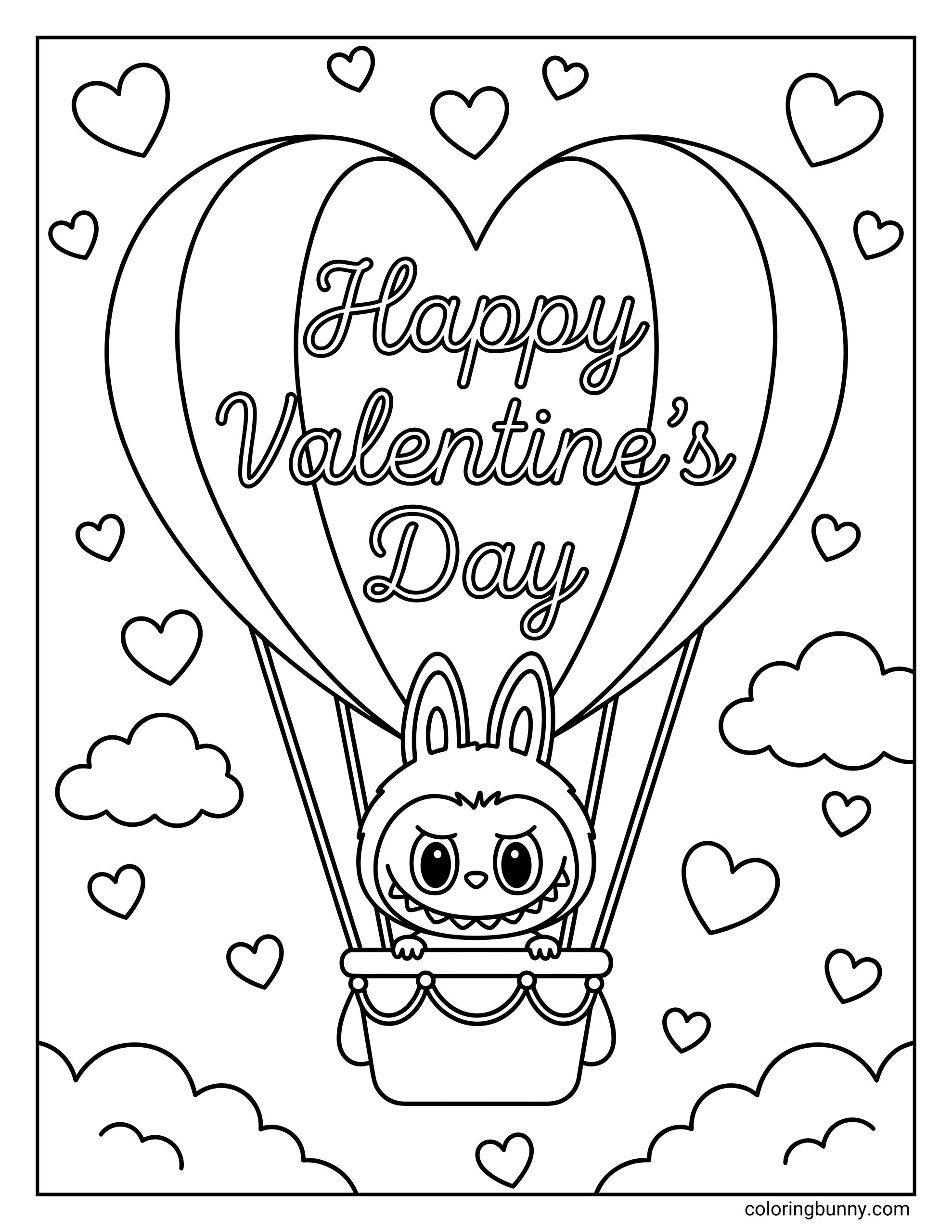 An easy Valentine’s Day coloring sheet featuring a Labubu-style doll riding a heart balloon with Happy Valentine’s Day text, floating through a sky filled with clouds and hearts.