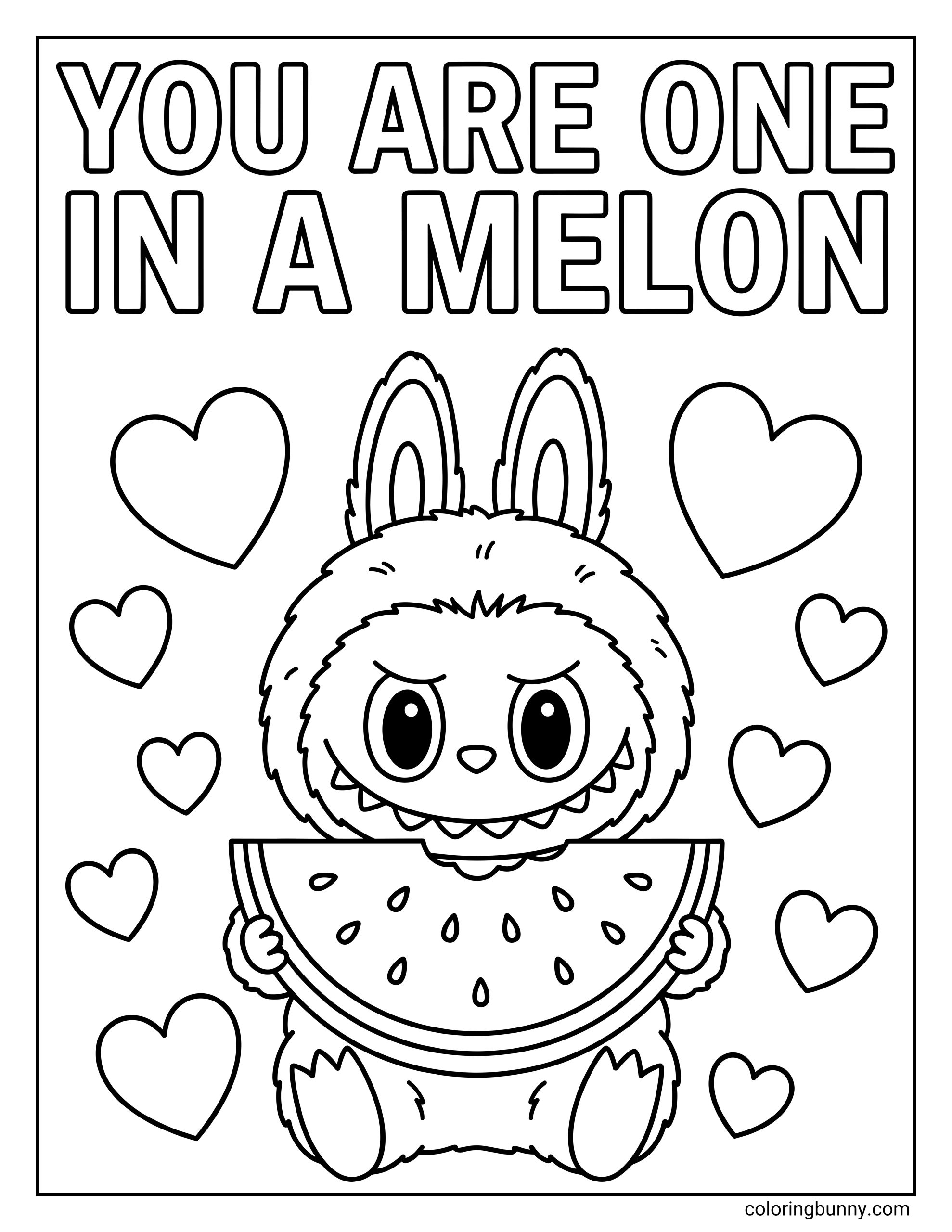 A kids coloring page of a Labubu-style character holding a watermelon slice, surrounded by hearts and the phrase You Are One in a Melon.
