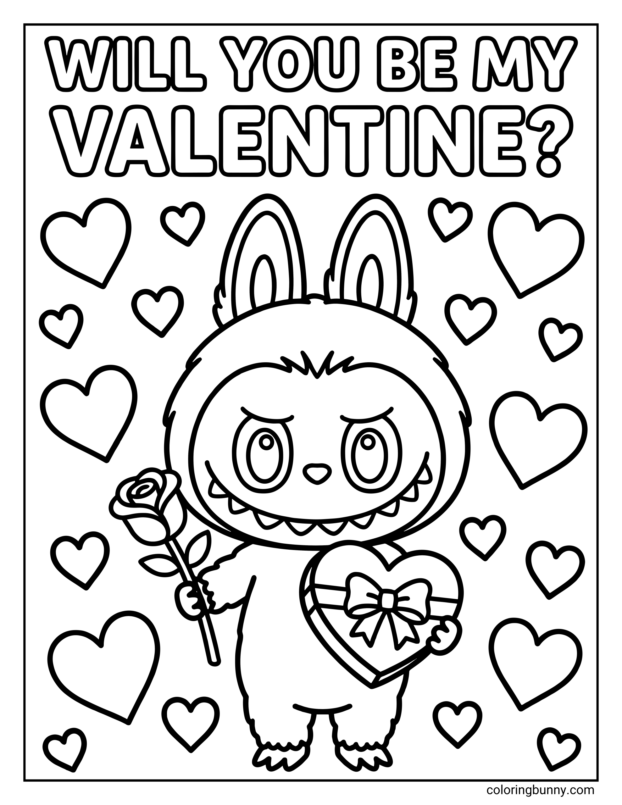 A simple coloring page of the quirky Labubu character holding a beautiful rose and a box of Valentine's chocolates surrounded by several floating hearts.