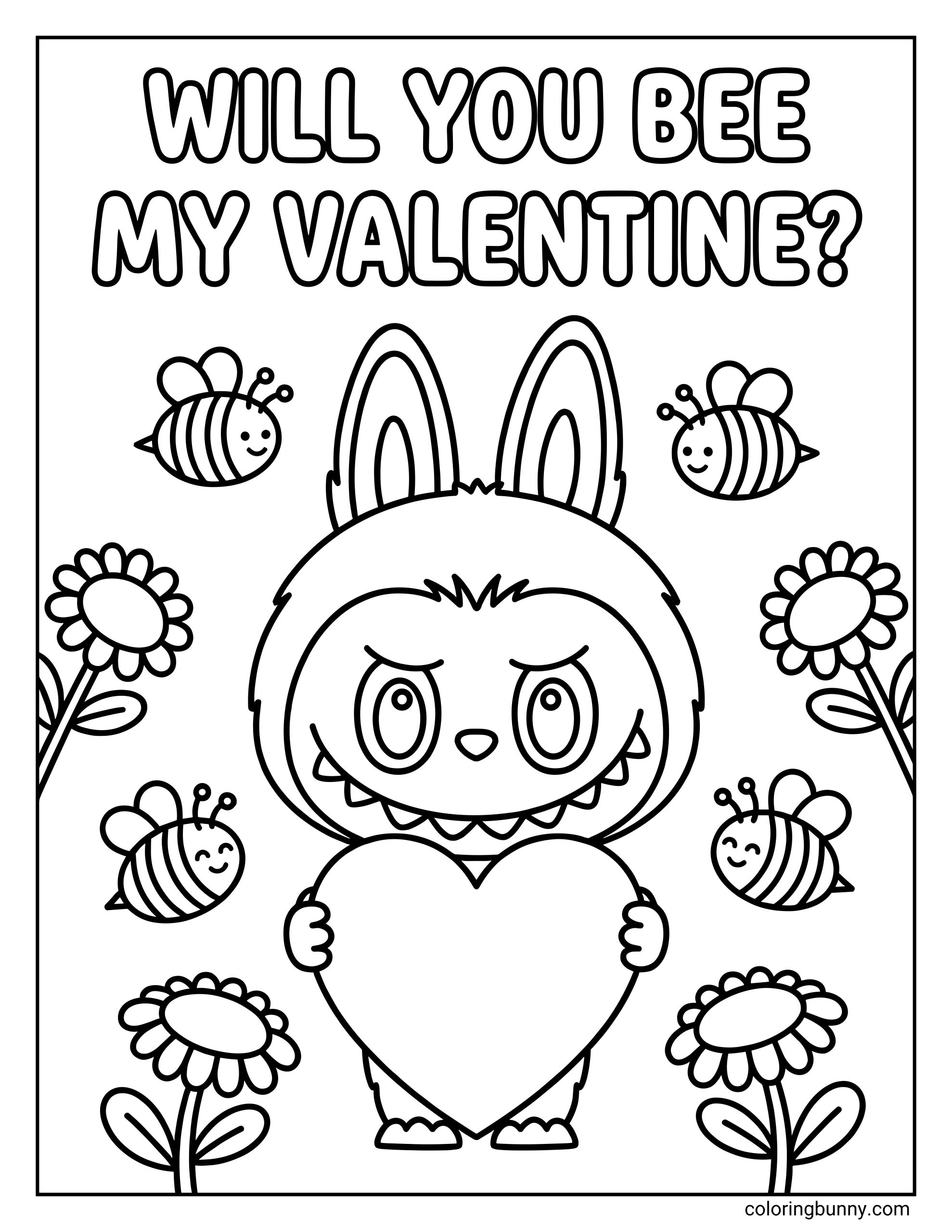 Cute Valentine coloring sheet featuring Labubu holding a heart, cartoon bees flying around, and flowers framing the scene.