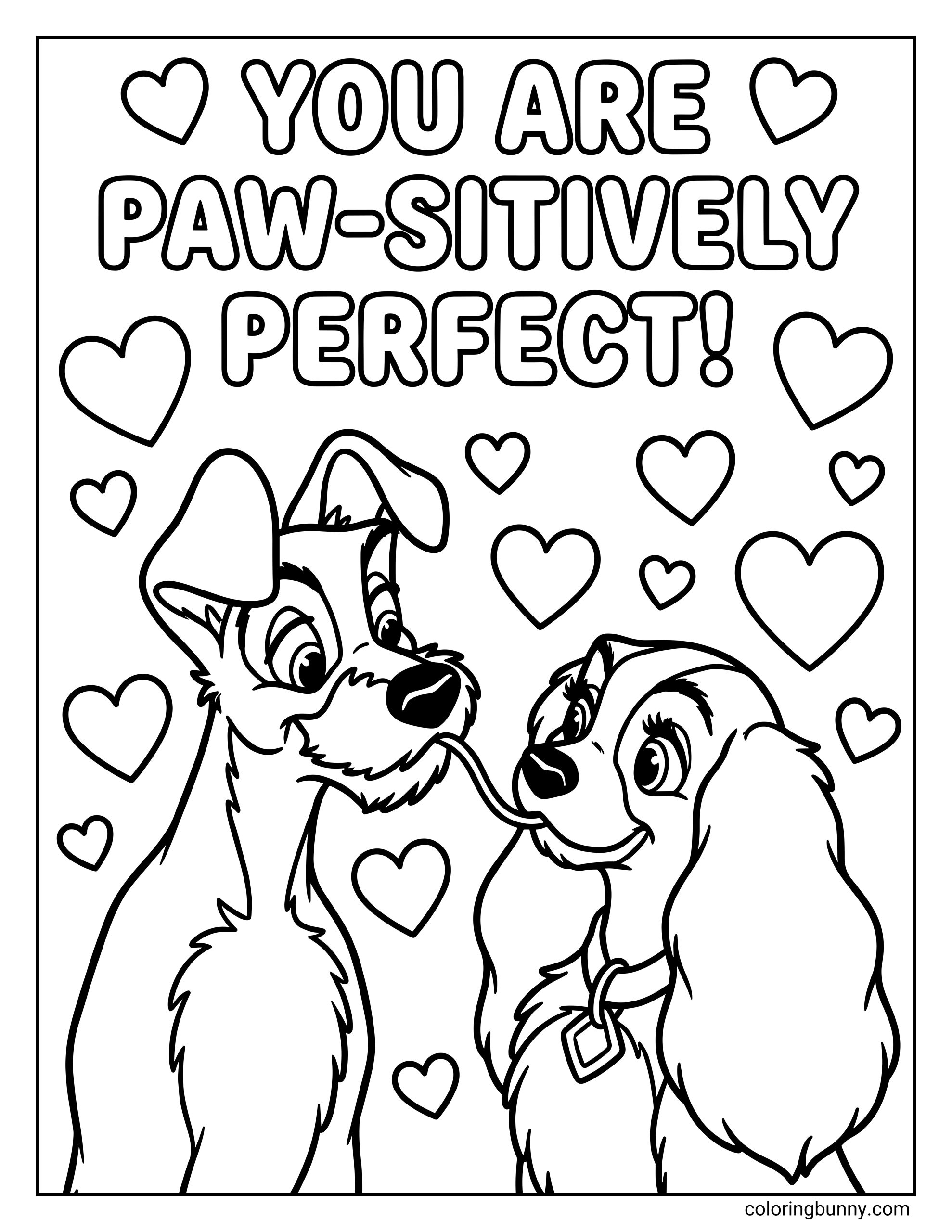 A cute Disney Valentine's Day coloring page of Lady and the Tramp sharing spaghetti, surrounded by hearts under the message "YOU ARE PAW-SITIVELY PERFECT!"