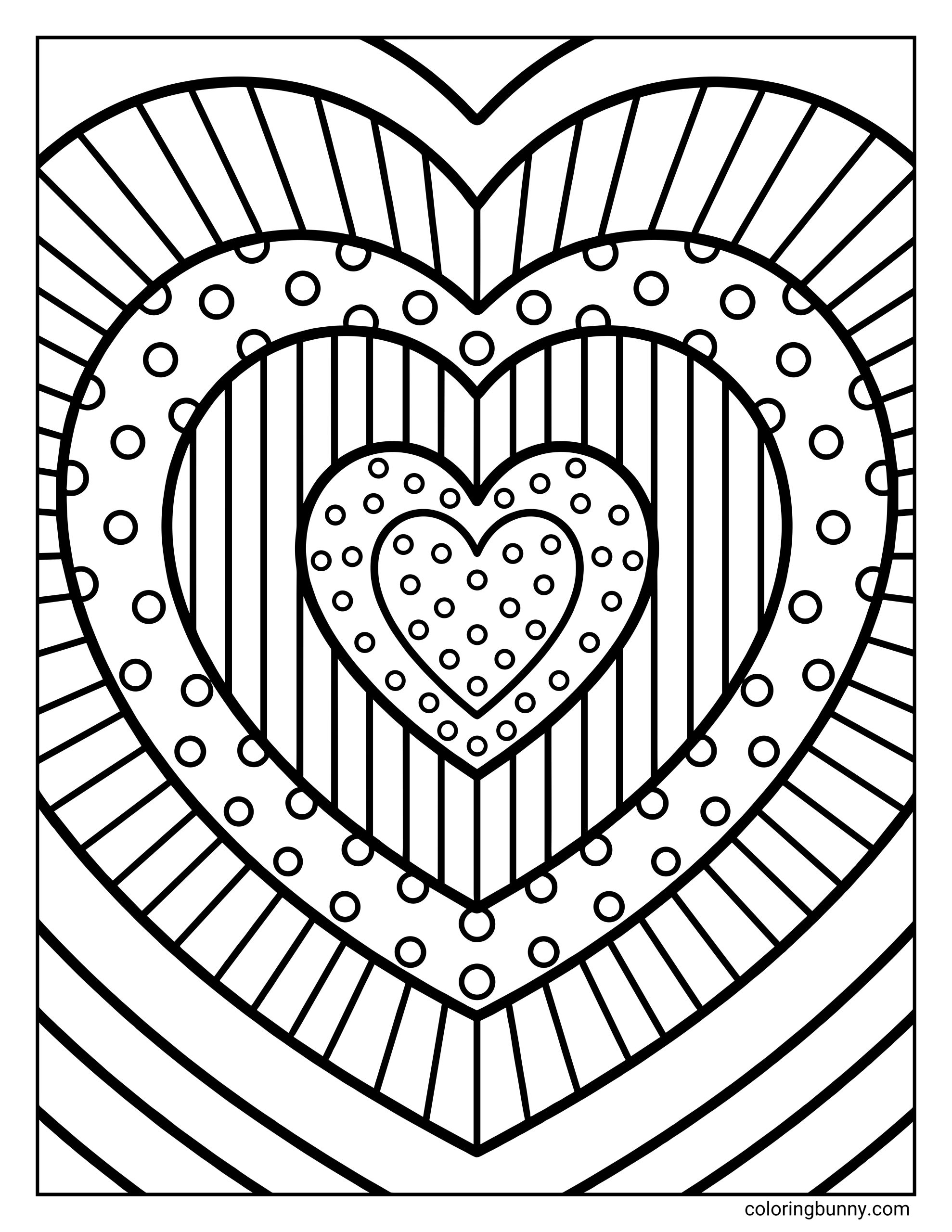An abstract hearts coloring page featuring concentric heart shapes layered inside one another, filled with alternating patterns of polka dots and radiating stripes.