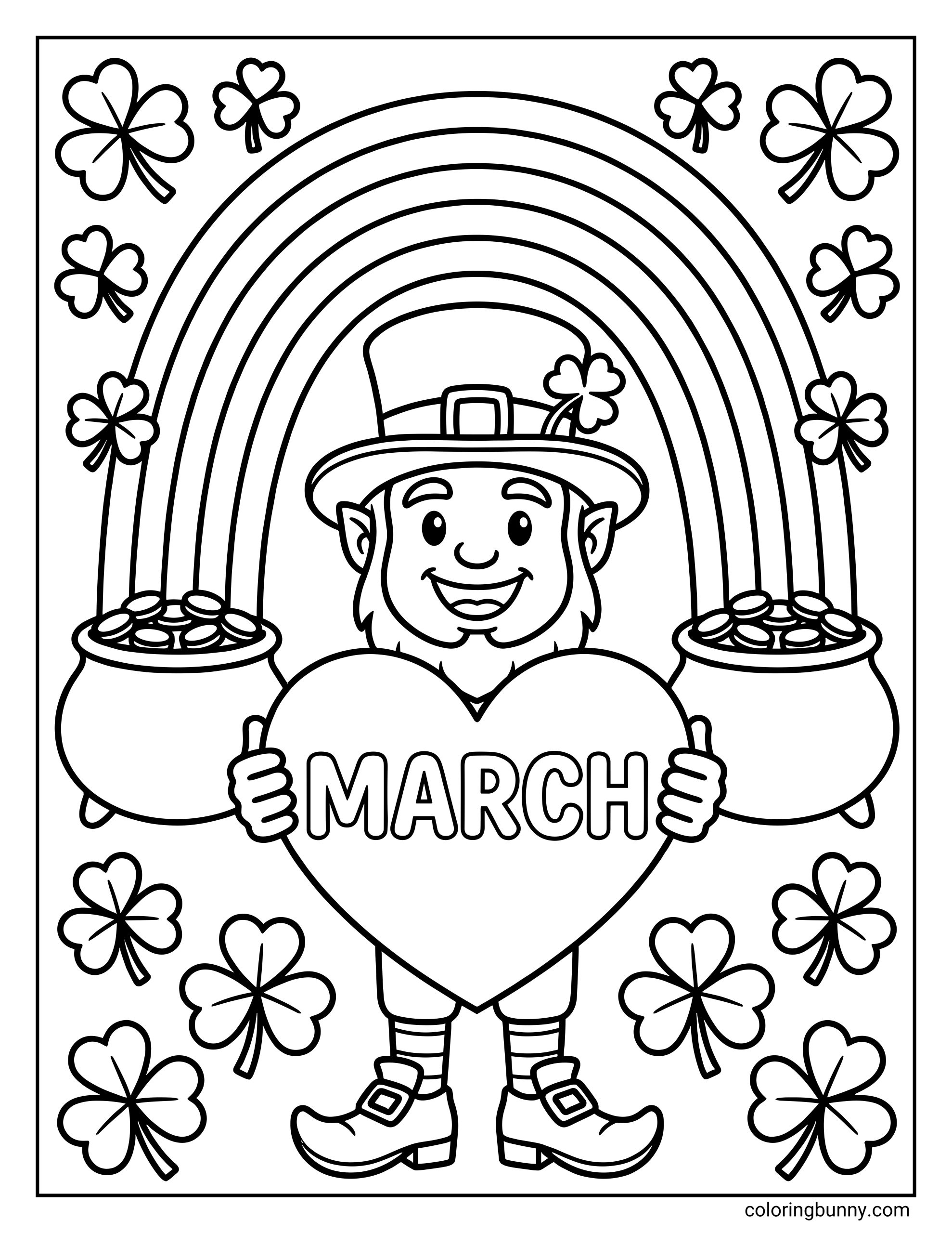 A March coloring page of a smiling leprechaun wearing a hat and boots, holding a large shape labeled “March,” with rainbows above, pots of gold on both sides, and shamrocks scattered around in bold black outlines on a white background.