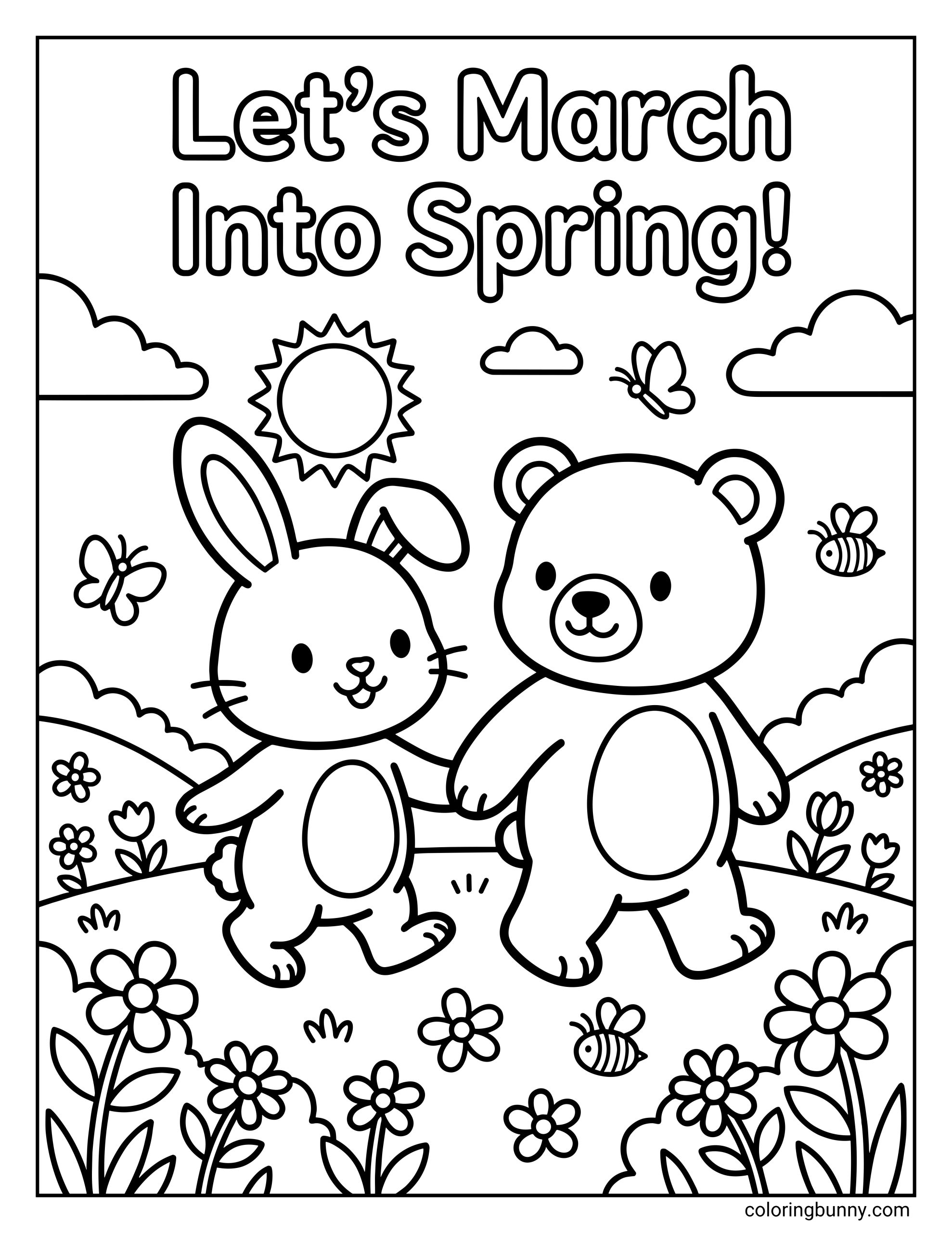 A March coloring page featuring a rabbit and a bear walking hand-in-hand in a flower field with bees and butterflies under the text "Let's March Into Spring!"