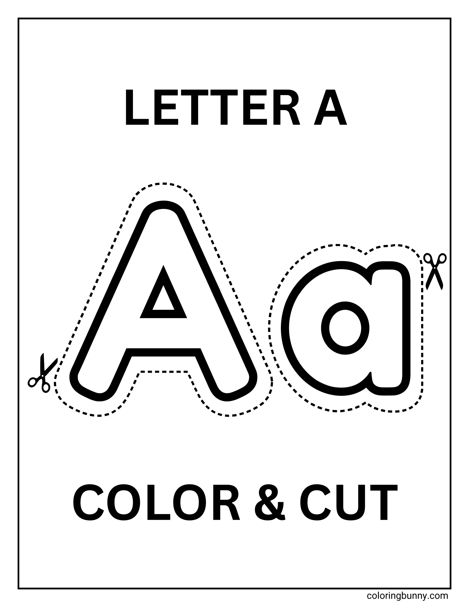Letter A color and cut activity page featuring large uppercase and lowercase letters A and a with dashed outlines for cutting. The page includes the text “LETTER A” at the top and “COLOR & CUT” at the bottom, with small scissors icons indicating where to cut.