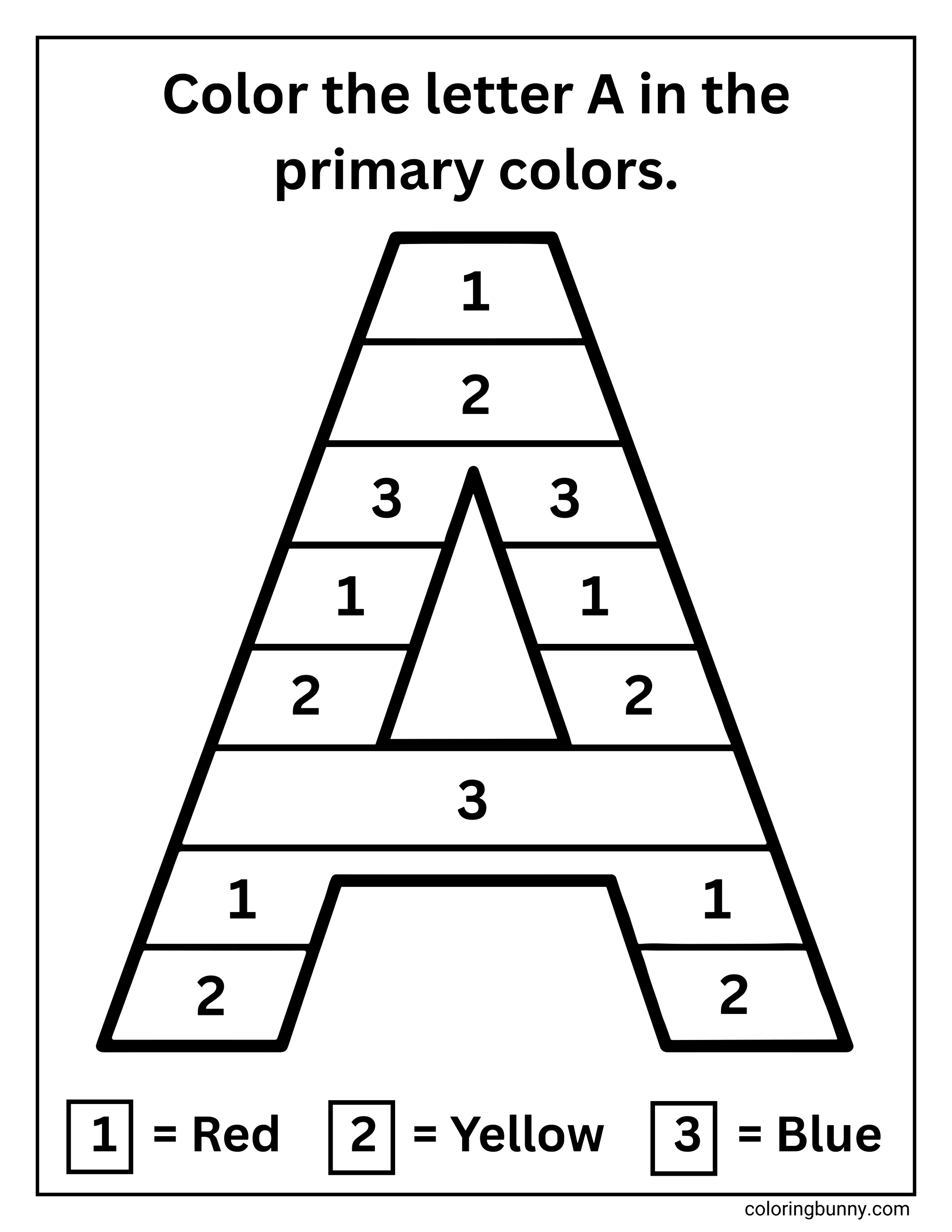 Letter A color-by-number coloring page featuring a large uppercase letter A divided into numbered sections. The page includes instructions to color the letter using primary colors, with a key showing 1 equals red, 2 equals yellow, and 3 equals blue.