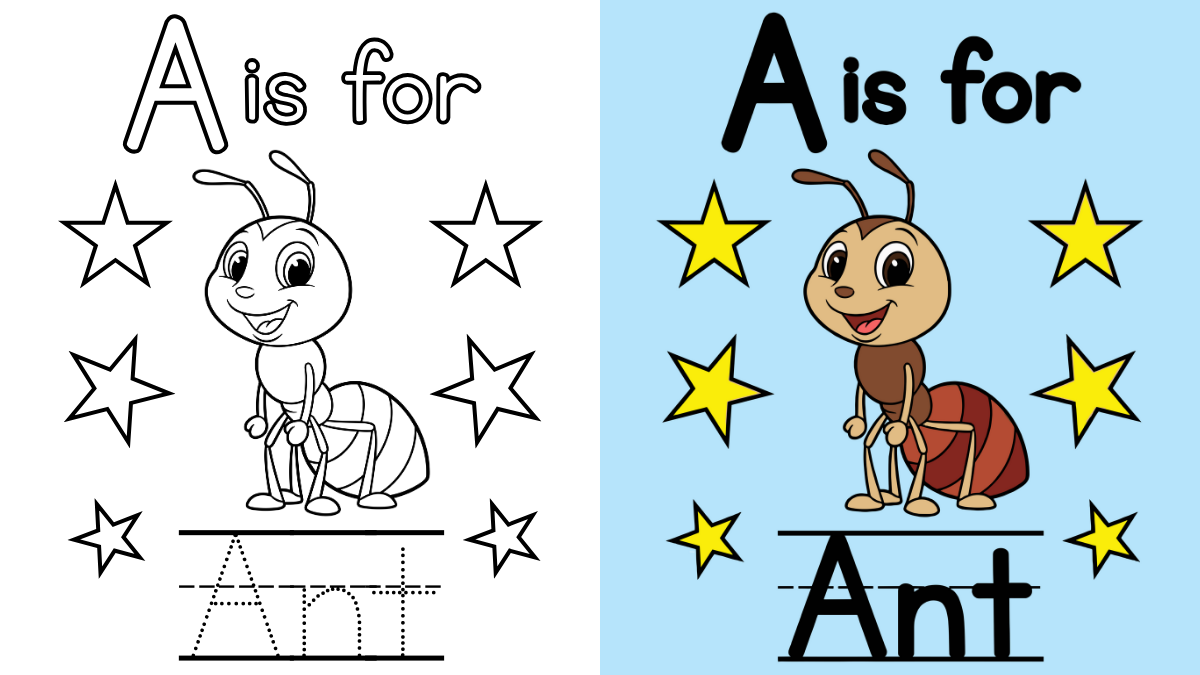 Letter A Coloring Pages with an 'A is for' Ant tracing sheet with stars.