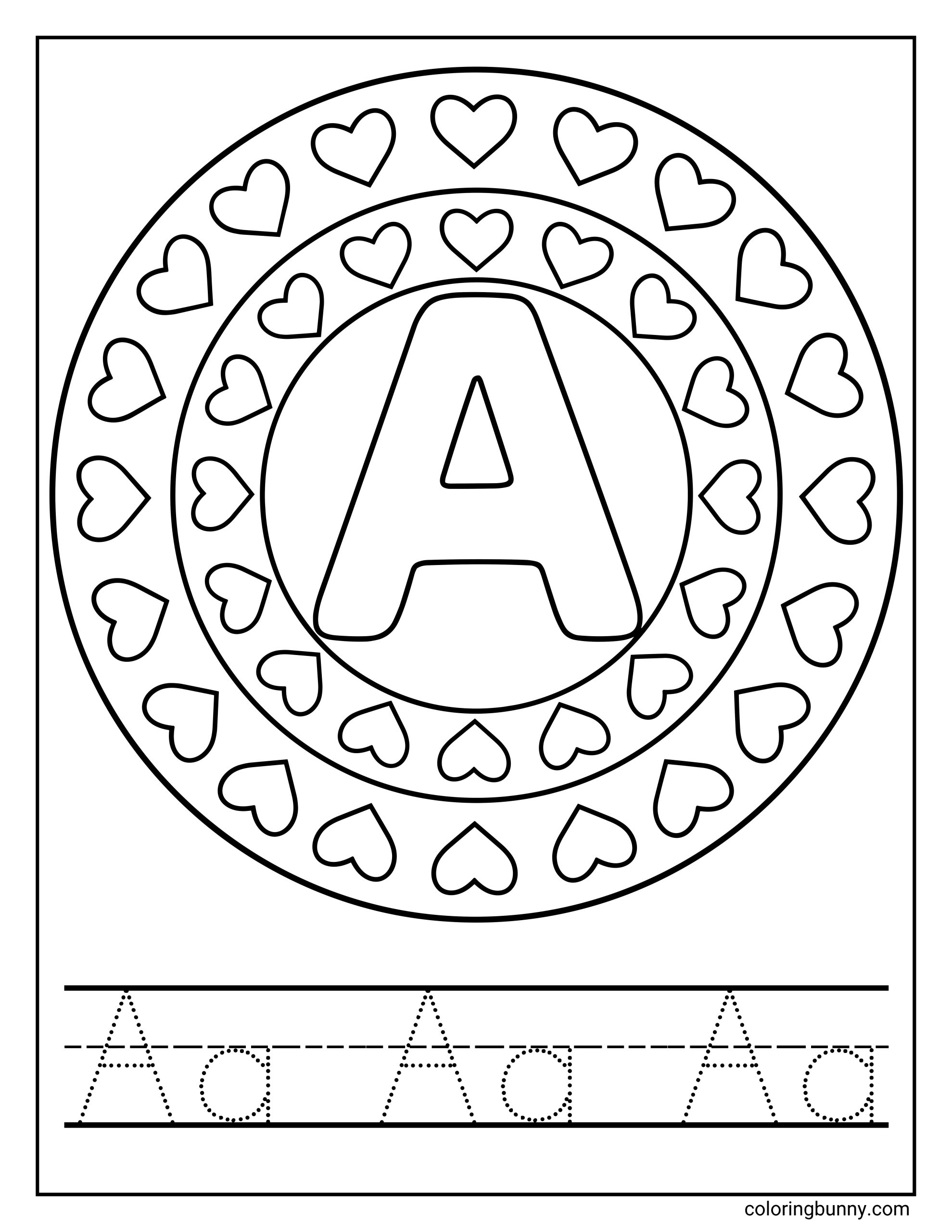 Letter A mandala coloring page featuring a large uppercase letter A in the center, surrounded by circular rings filled with heart shapes. The page includes a tracing section at the bottom with repeated uppercase and lowercase A letters for handwriting practice.
