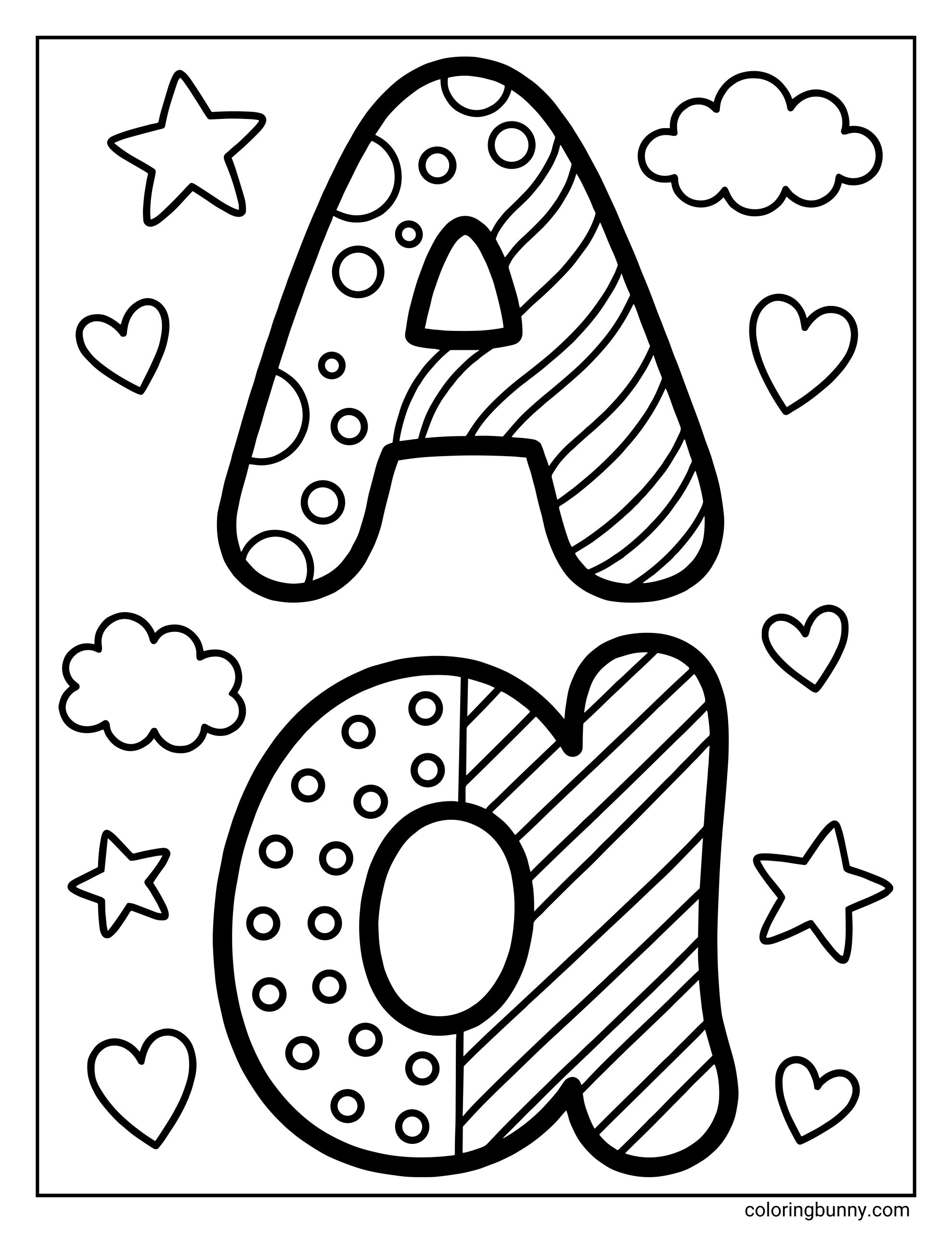 Uppercase and lowercase letter A coloring page featuring a patterned capital A and a lowercase a, each filled with dots and stripes. The letters are surrounded by hearts, stars, and cloud shapes for decorative coloring.