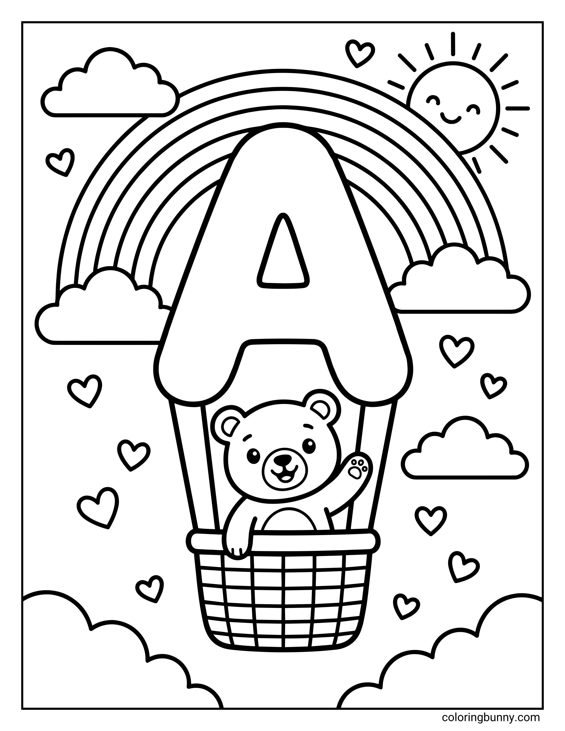 A black and white coloring page featuring a cute bear waving from a basket beneath a hot air balloon shaped like the letter A. The background includes a large rainbow, a smiling sun, clouds, and small hearts.