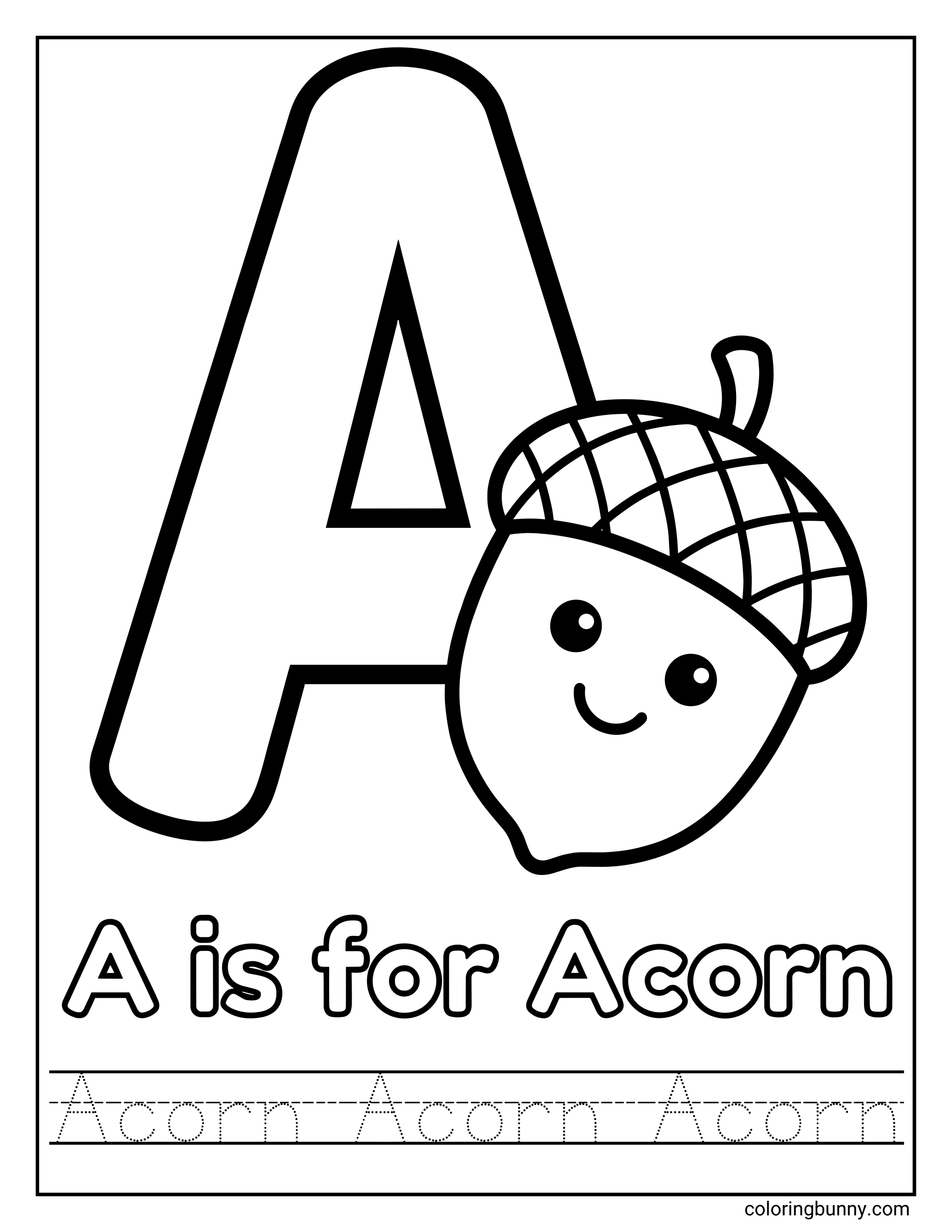 Letter A coloring page featuring a large uppercase letter A with a smiling acorn character beside it. The page includes the text “A is for Acorn” and a dotted tracing section at the bottom for practicing the word “Acorn.”