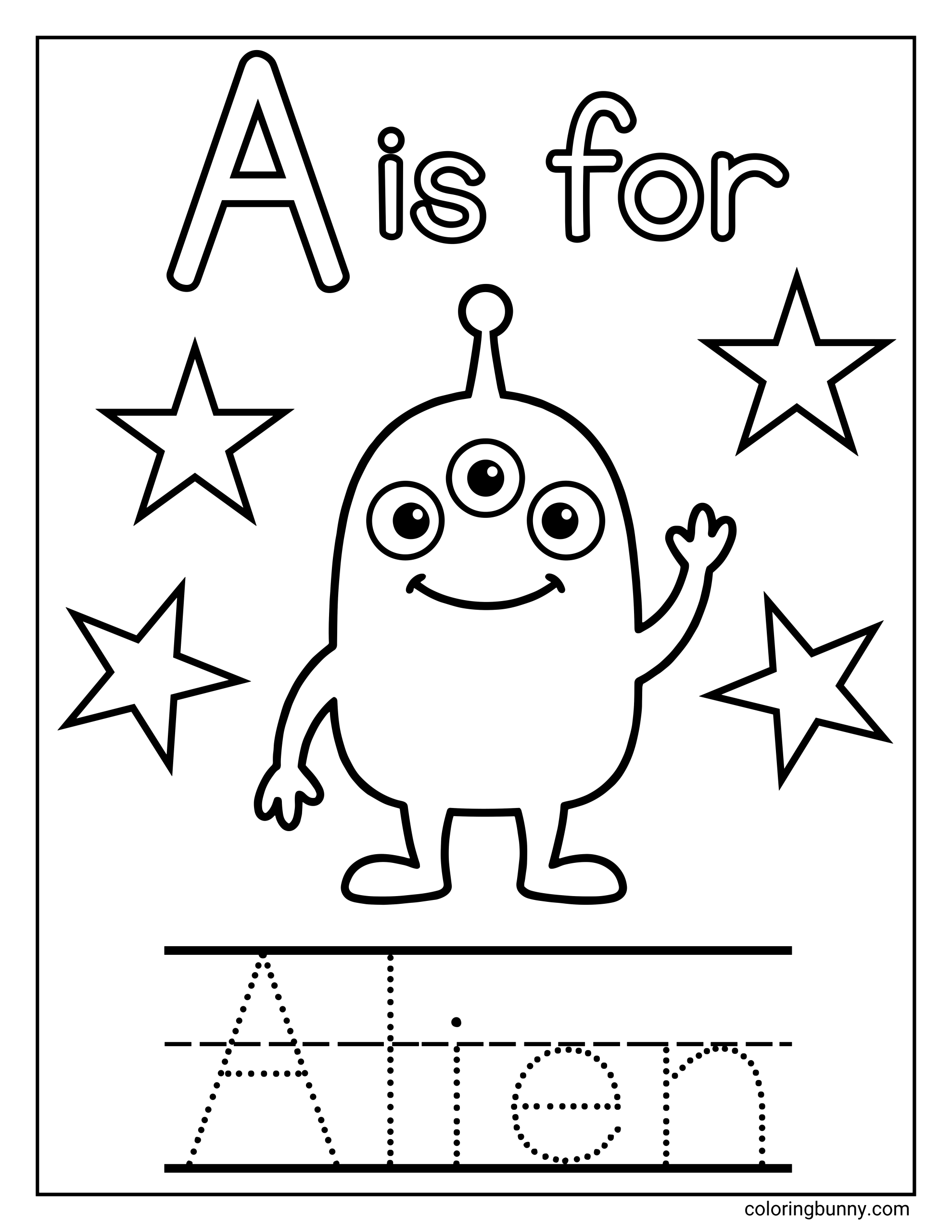 Letter A coloring page featuring a cute three-eyed alien waving, surrounded by star shapes. The page includes the text “A is for” at the top, a large uppercase letter A, and a dotted tracing section at the bottom for practicing the word “Alien.”