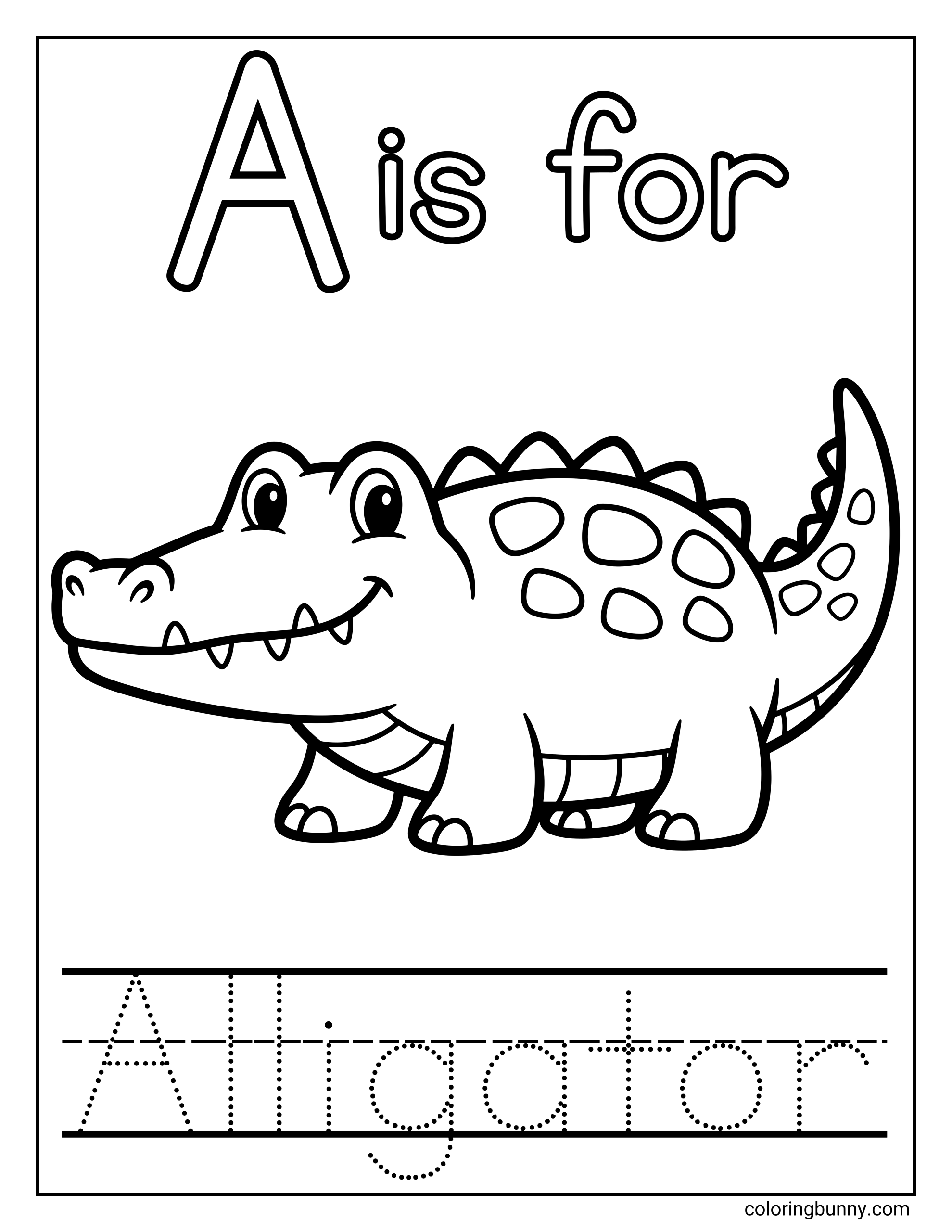 Letter A coloring page featuring a smiling cartoon alligator with a long snout and patterned back. The page includes the text “A is for” at the top and a dotted tracing section at the bottom for practicing the word “Alligator.”