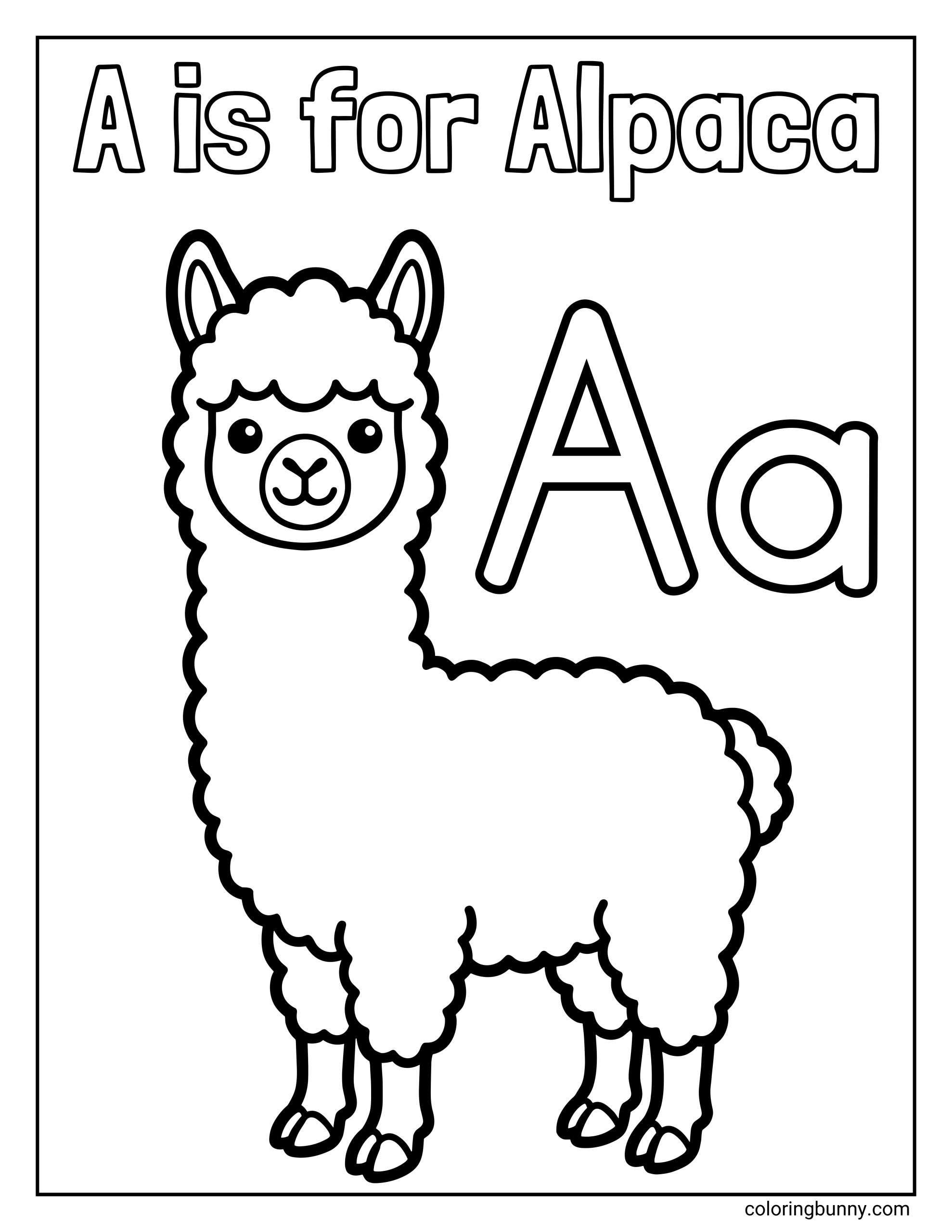 Letter A coloring page featuring a fluffy cartoon alpaca standing upright, with the text “A is for Alpaca” at the top. The page also includes uppercase and lowercase letters A and a next to the alpaca for letter recognition.
