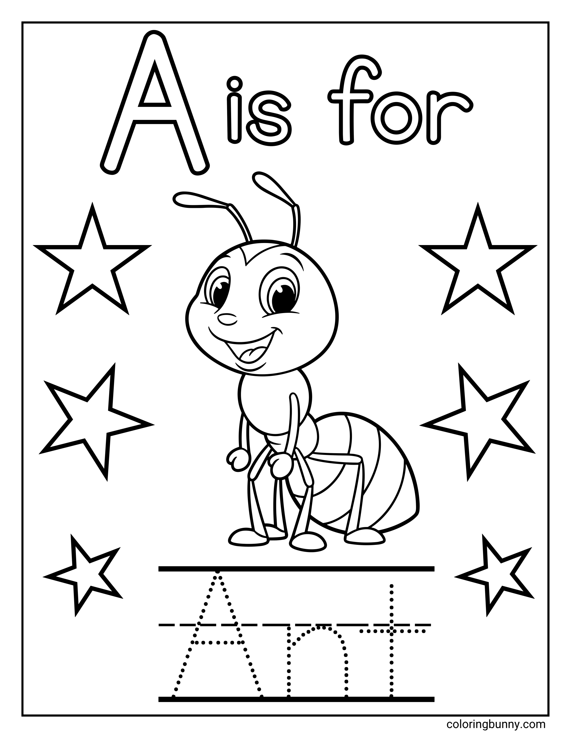 Letter A coloring page featuring a smiling cartoon ant standing upright, with the text “A is for” at the top and a large uppercase letter A. The page includes star decorations around the ant and a dotted tracing section at the bottom for practicing the word “Ant.”