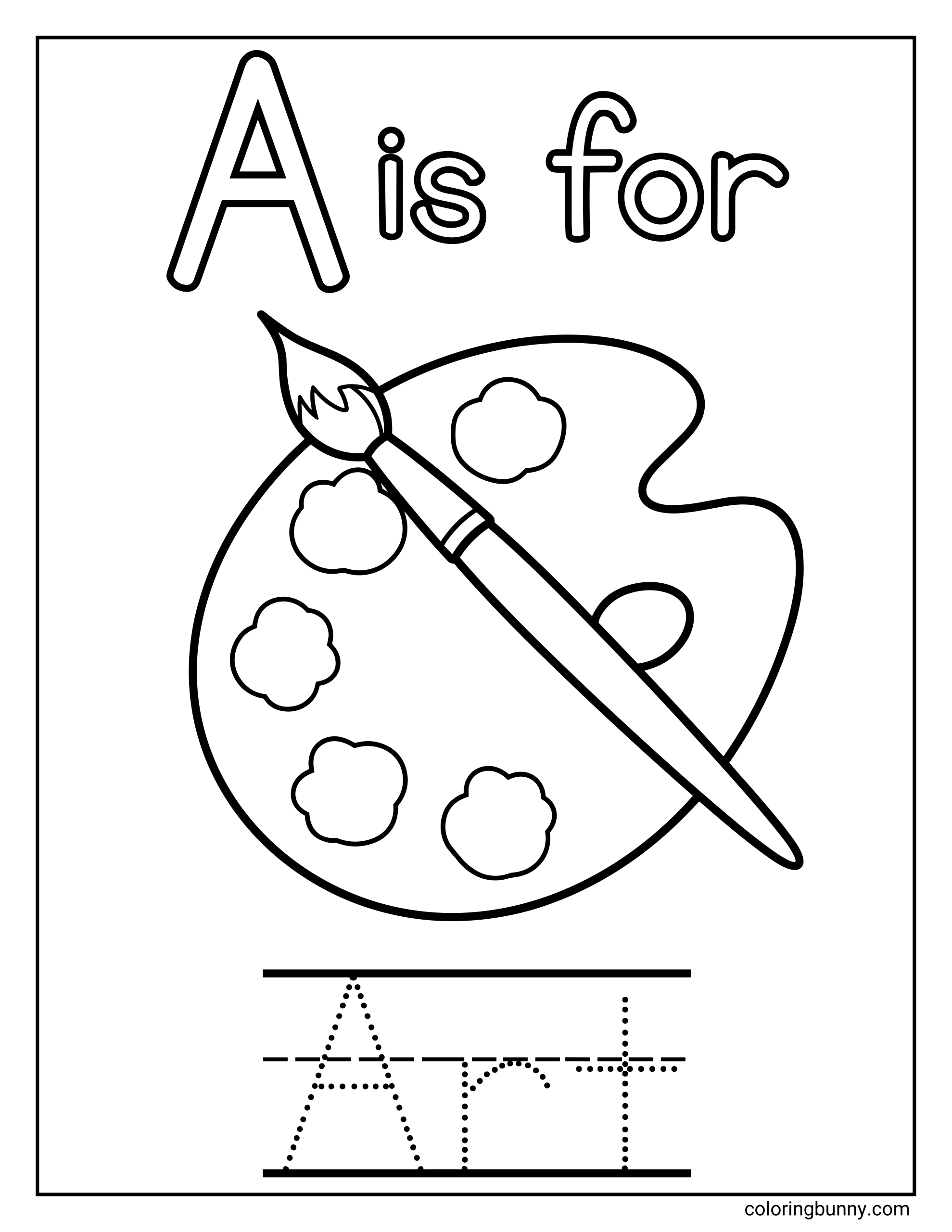 Letter A coloring page featuring an artist’s paint palette with paint spots and a paintbrush resting across it. The page includes the text “A is for” at the top, a large uppercase letter A, and a dotted tracing section at the bottom for practicing the word “Art.”