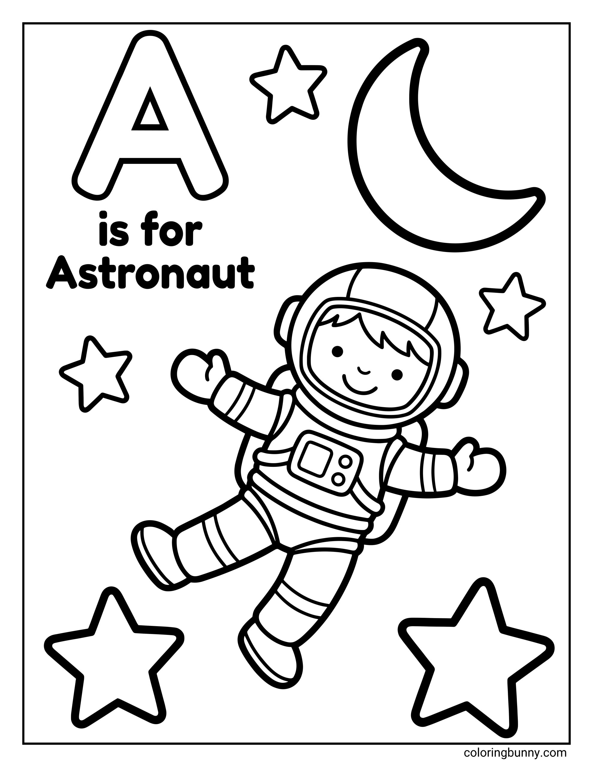 Letter A coloring page featuring a smiling cartoon astronaut floating in space, surrounded by stars and a crescent moon. The page includes the text “A is for Astronaut” alongside a large uppercase letter A.
