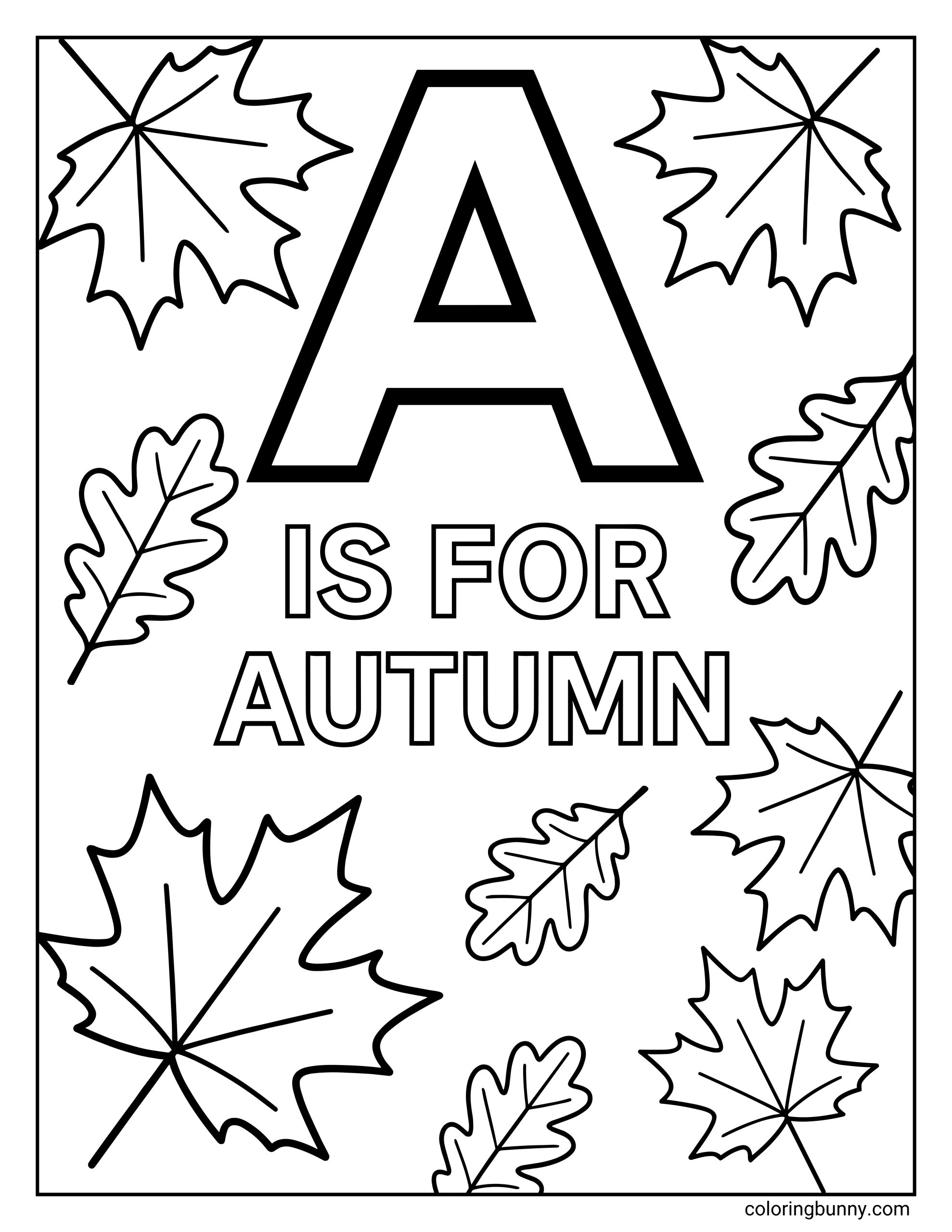 Letter A coloring page featuring a large uppercase letter A with the text “A is for Autumn.” The page is decorated with falling autumn leaves in various shapes, including maple and oak leaves, arranged around the letter.